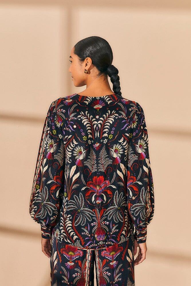 Black Classic Garden Mirror Trim Blouse