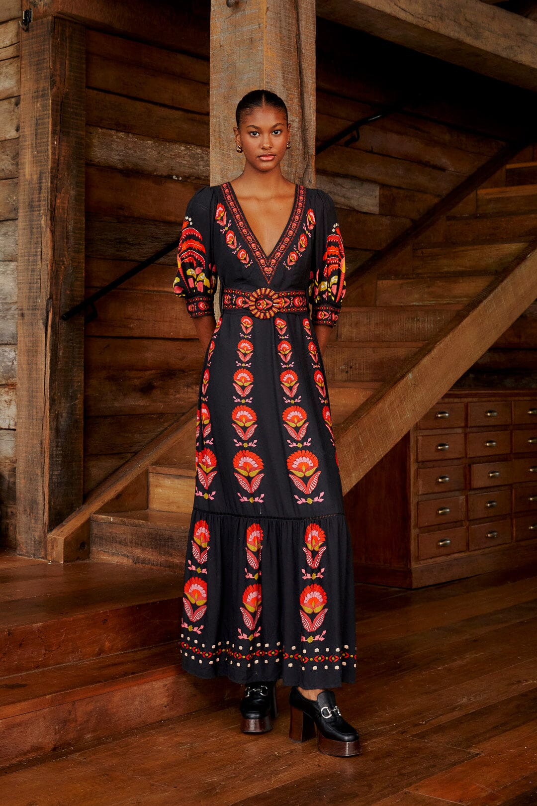 Black Palms Party Short Sleeve Maxi Dress