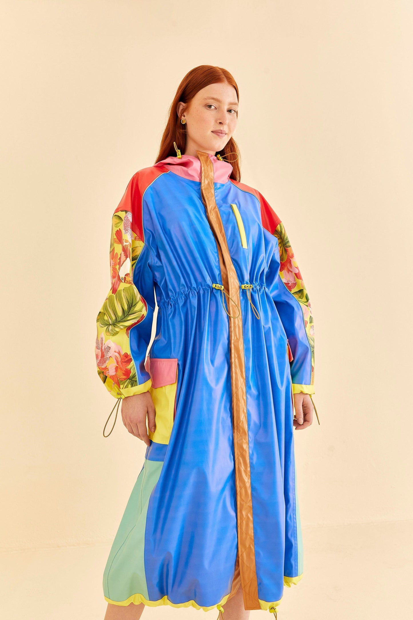 Blue Color Blocking Long Raincoat