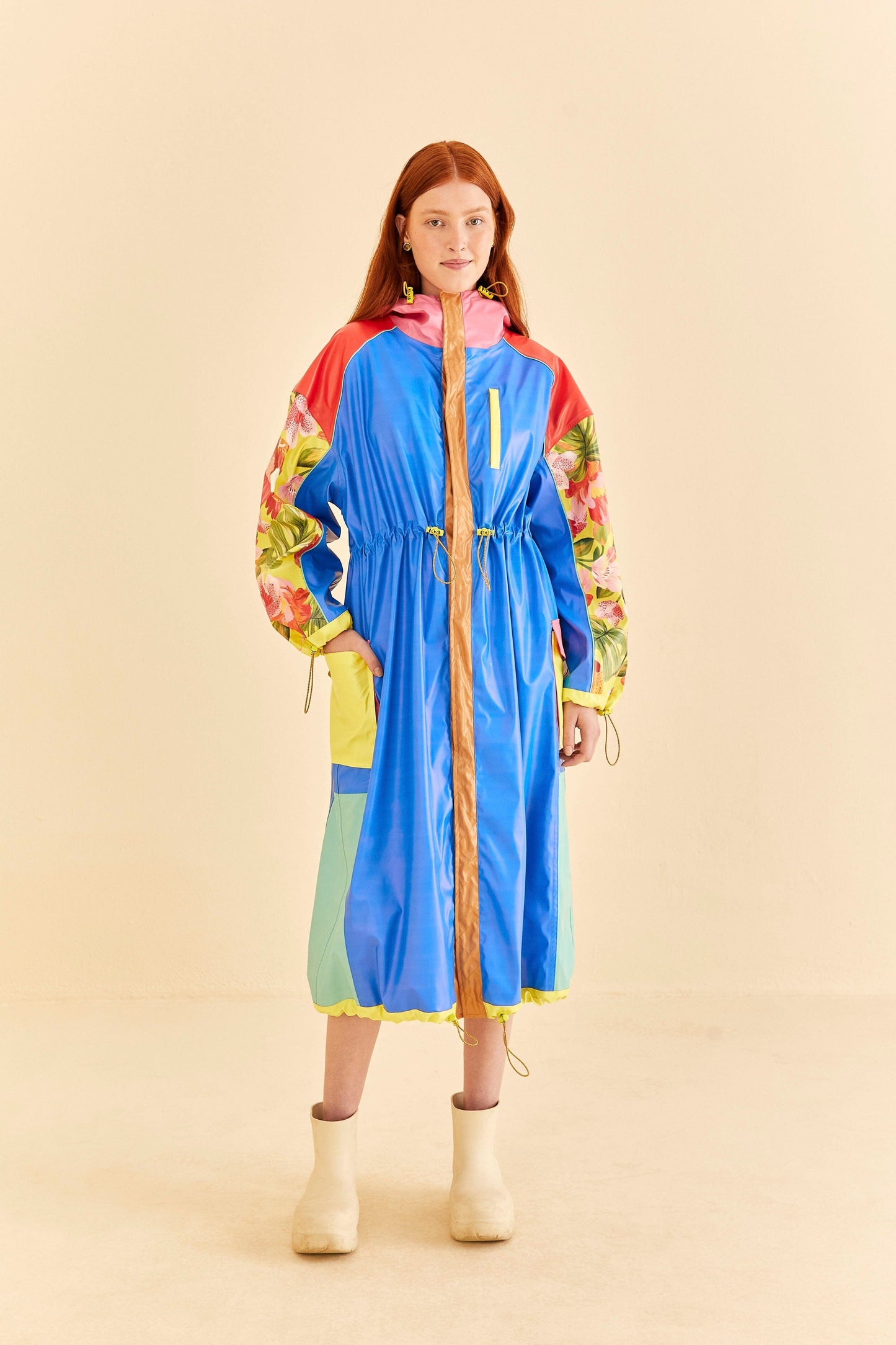 Blue Color Blocking Long Raincoat