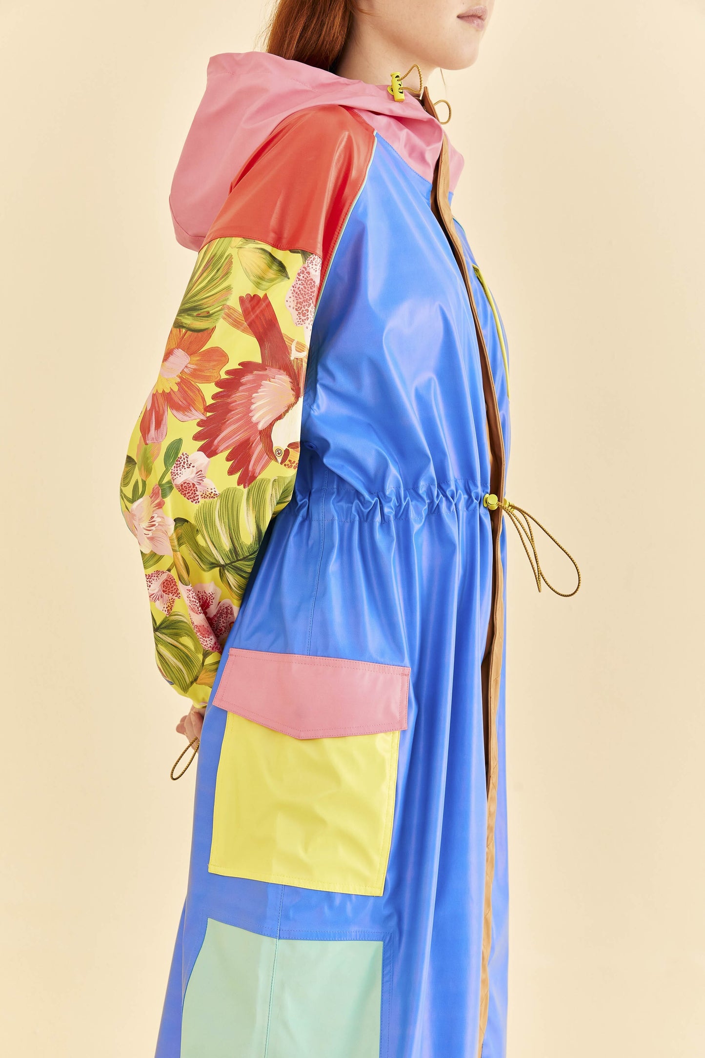 Blue Color Blocking Long Raincoat