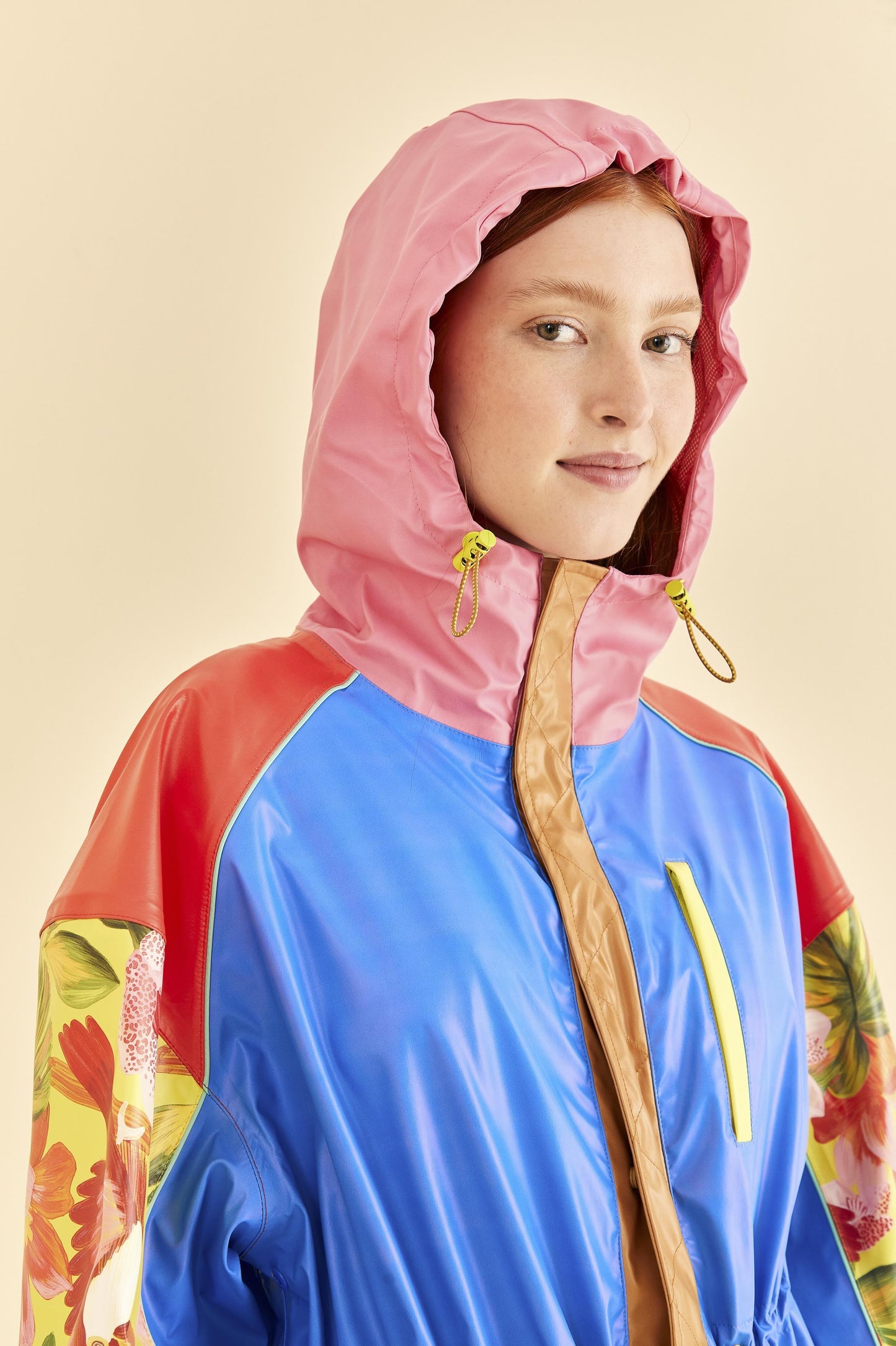 Blue Color Blocking Long Raincoat