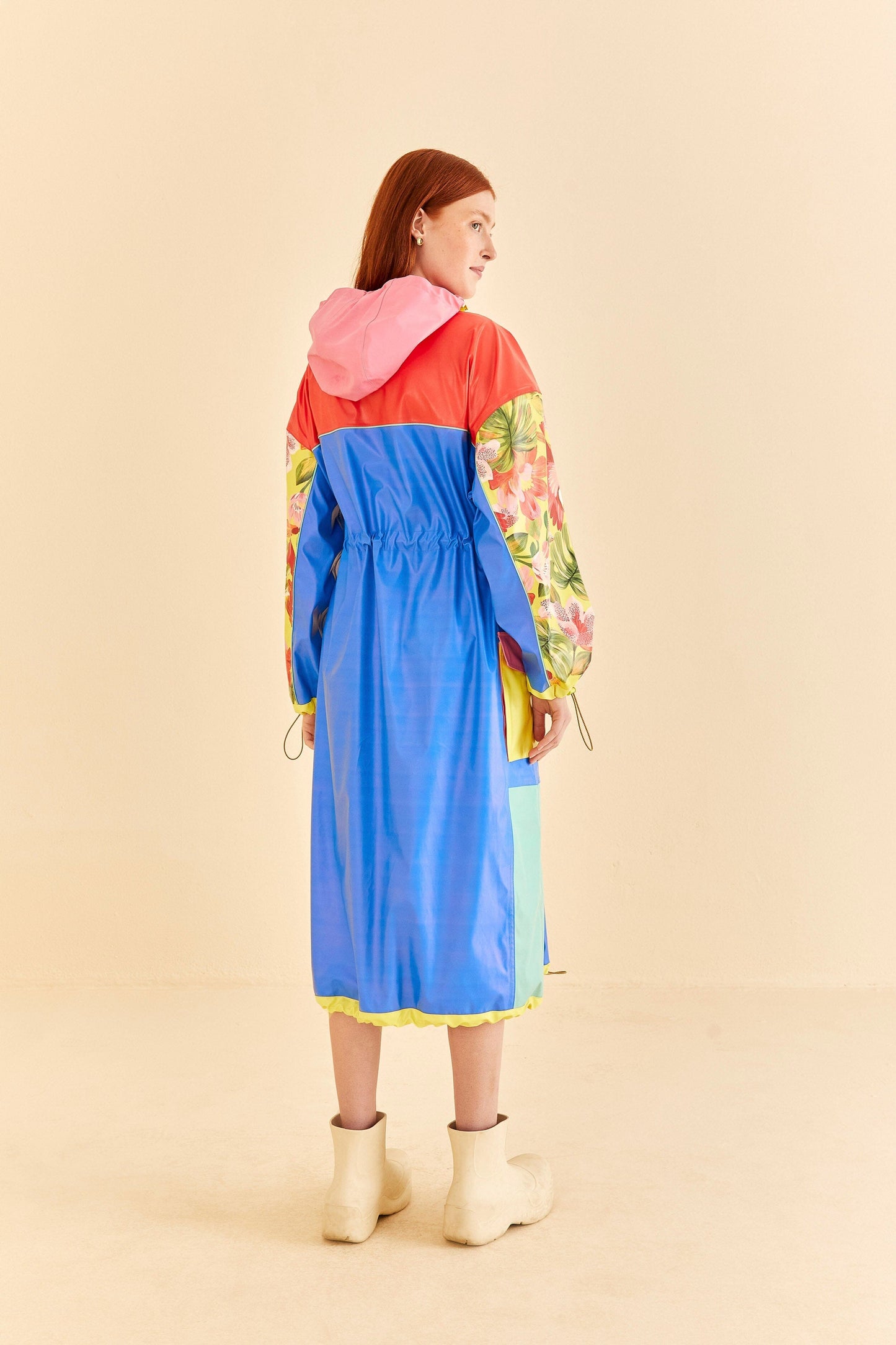 Blue Color Blocking Long Raincoat