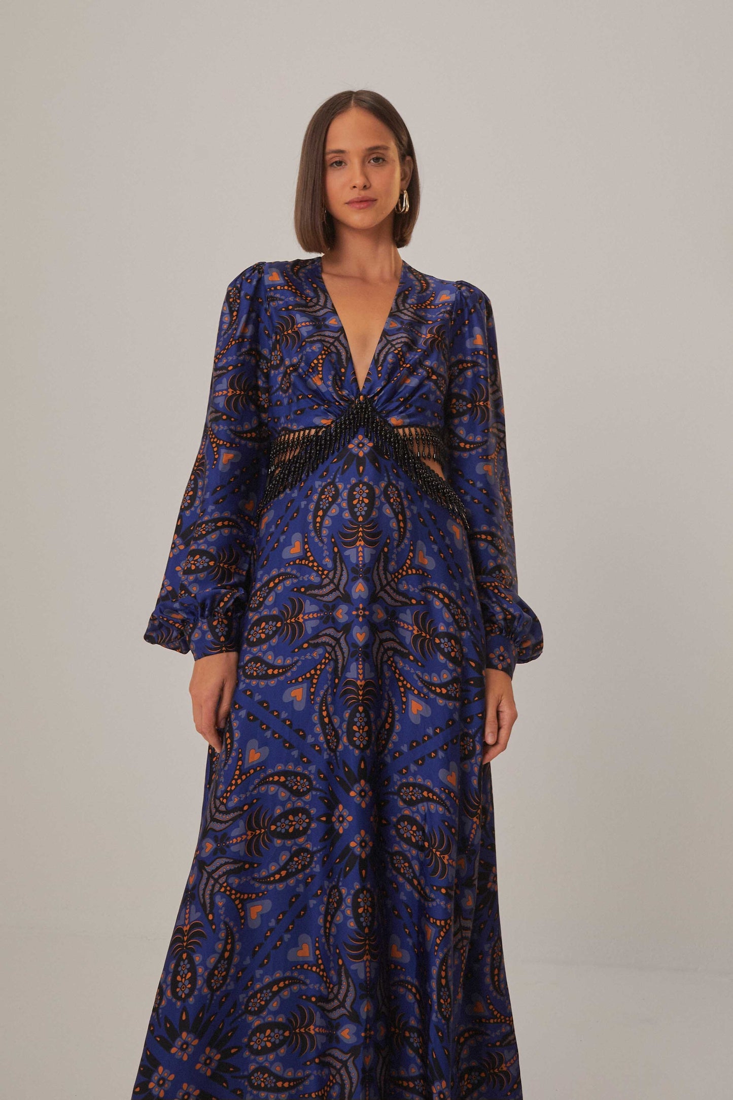 Blue Martina Scarf Cut Out Fringe Maxi Dress
