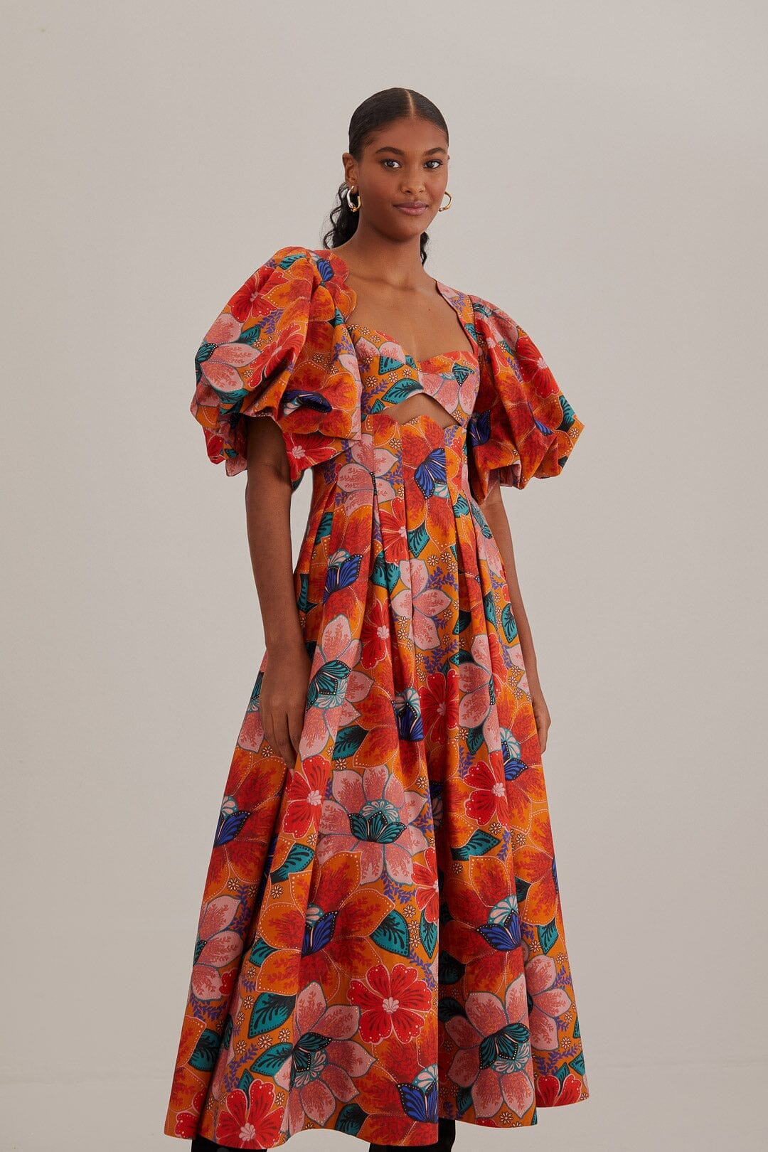 Orange Marias Floral Cut-Out Midi Dress