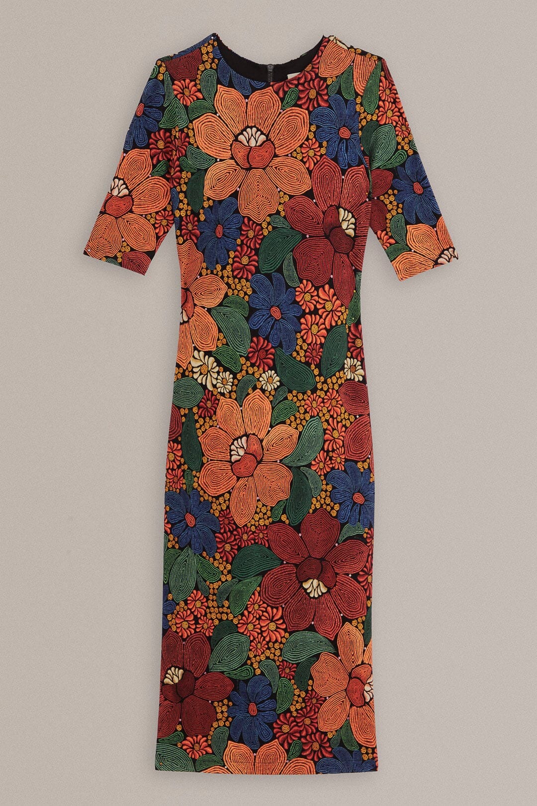 Black Stitched Flowers Lenzing™ Ecovero™ Viscose Midi Dress