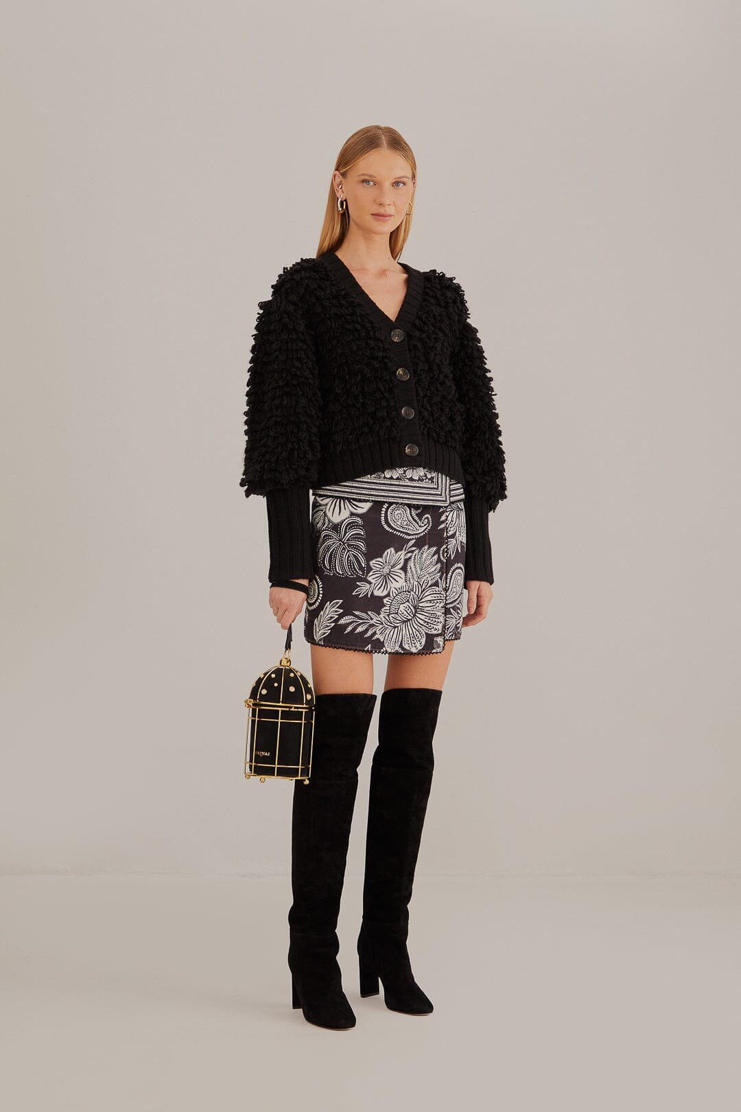 Black Textured V Neck Cardigan