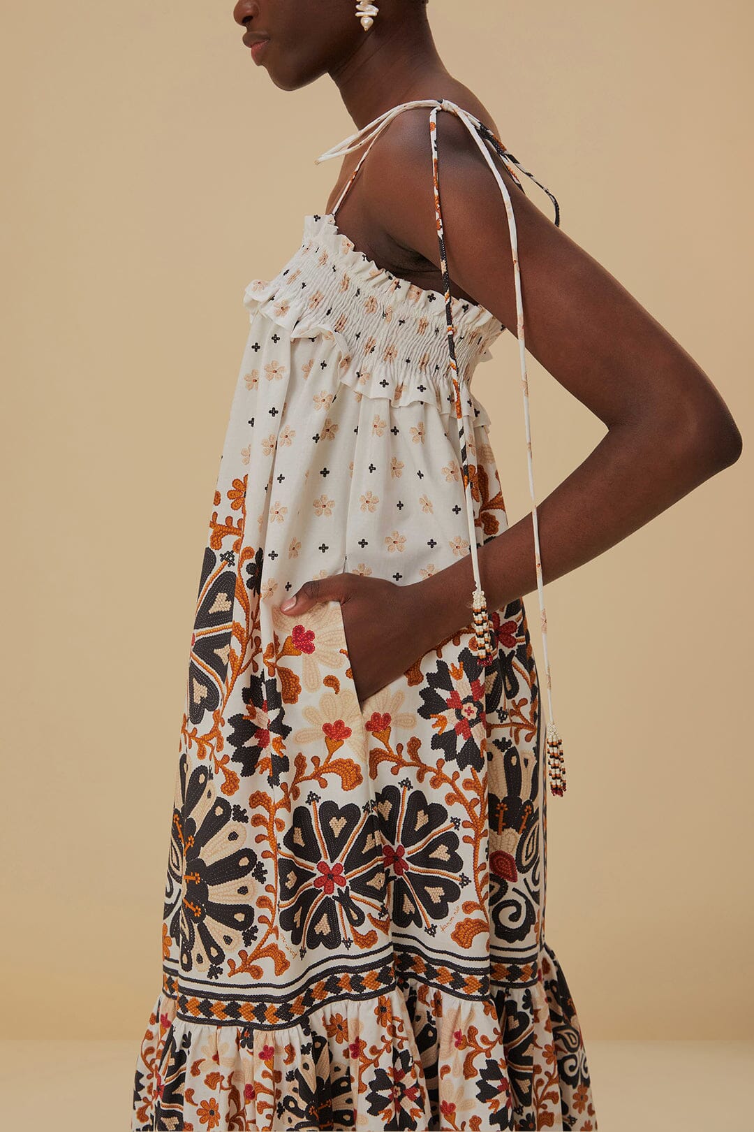 Flower Fan Tapestry Off-White Midi Dress