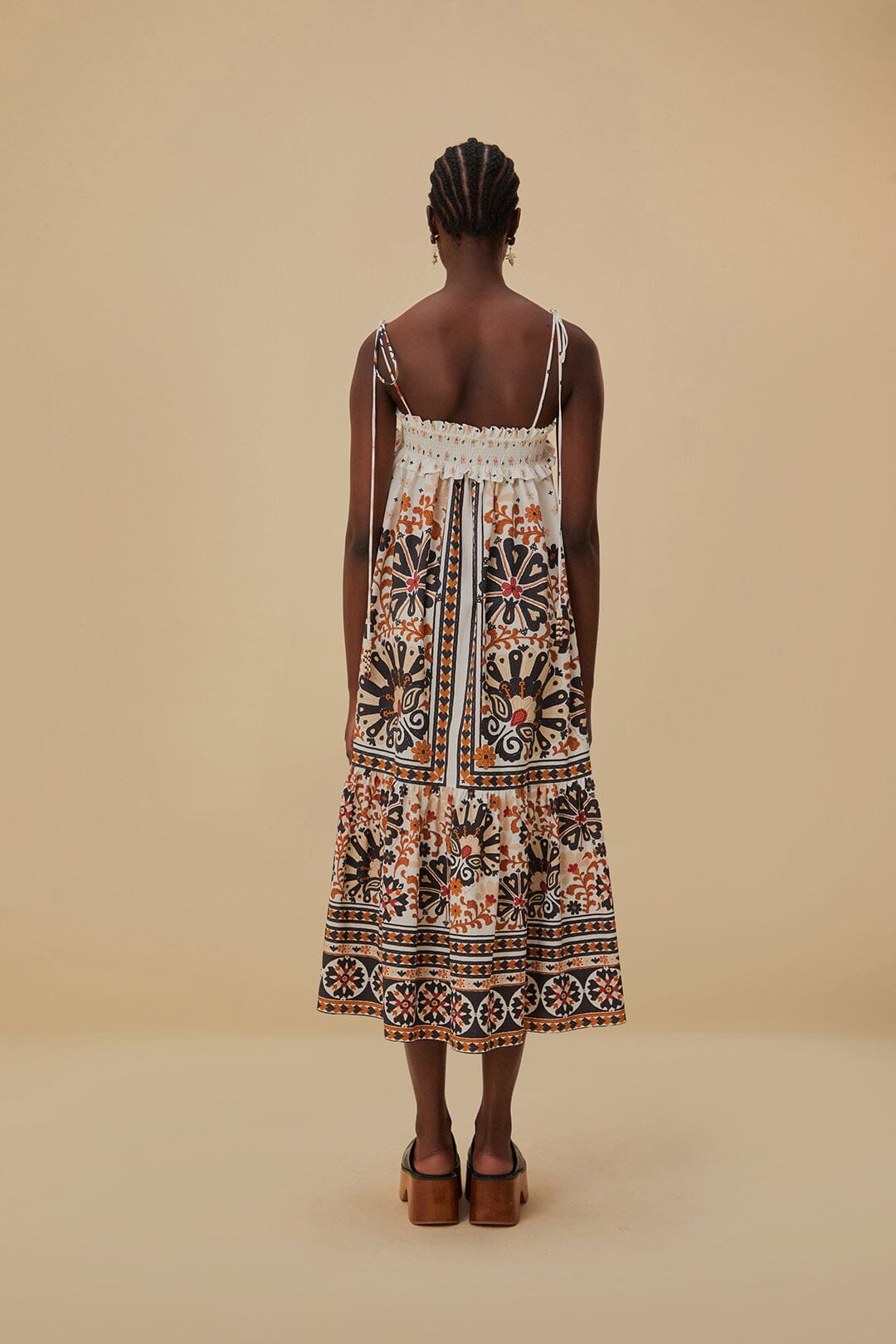 Flower Fan Tapestry Off-White Midi Dress