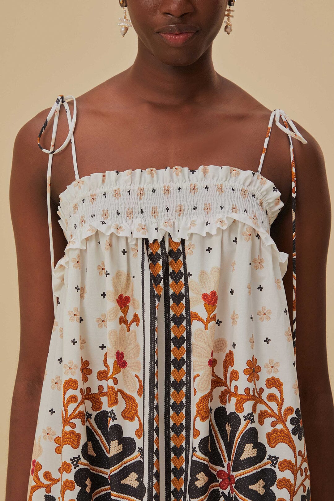 Flower Fan Tapestry Off-White Midi Dress