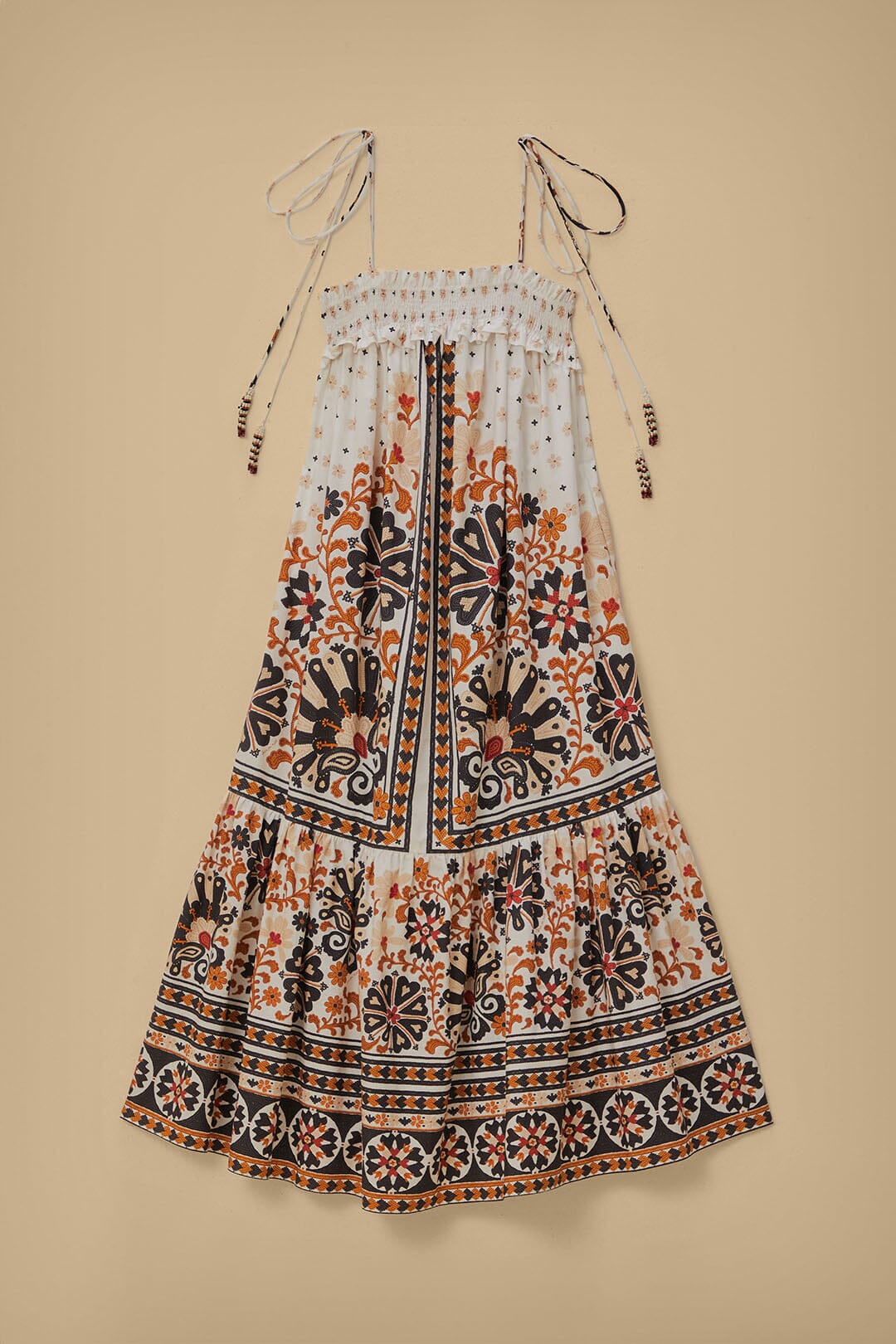 Flower Fan Tapestry Off-White Midi Dress