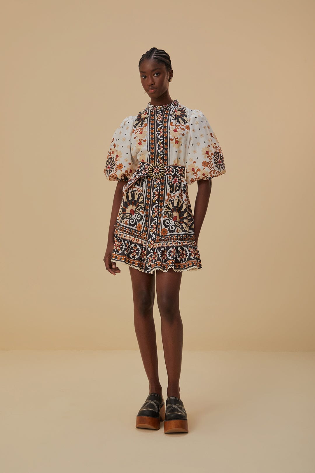 Flower Fan Tapestry Off-White Mini Dress