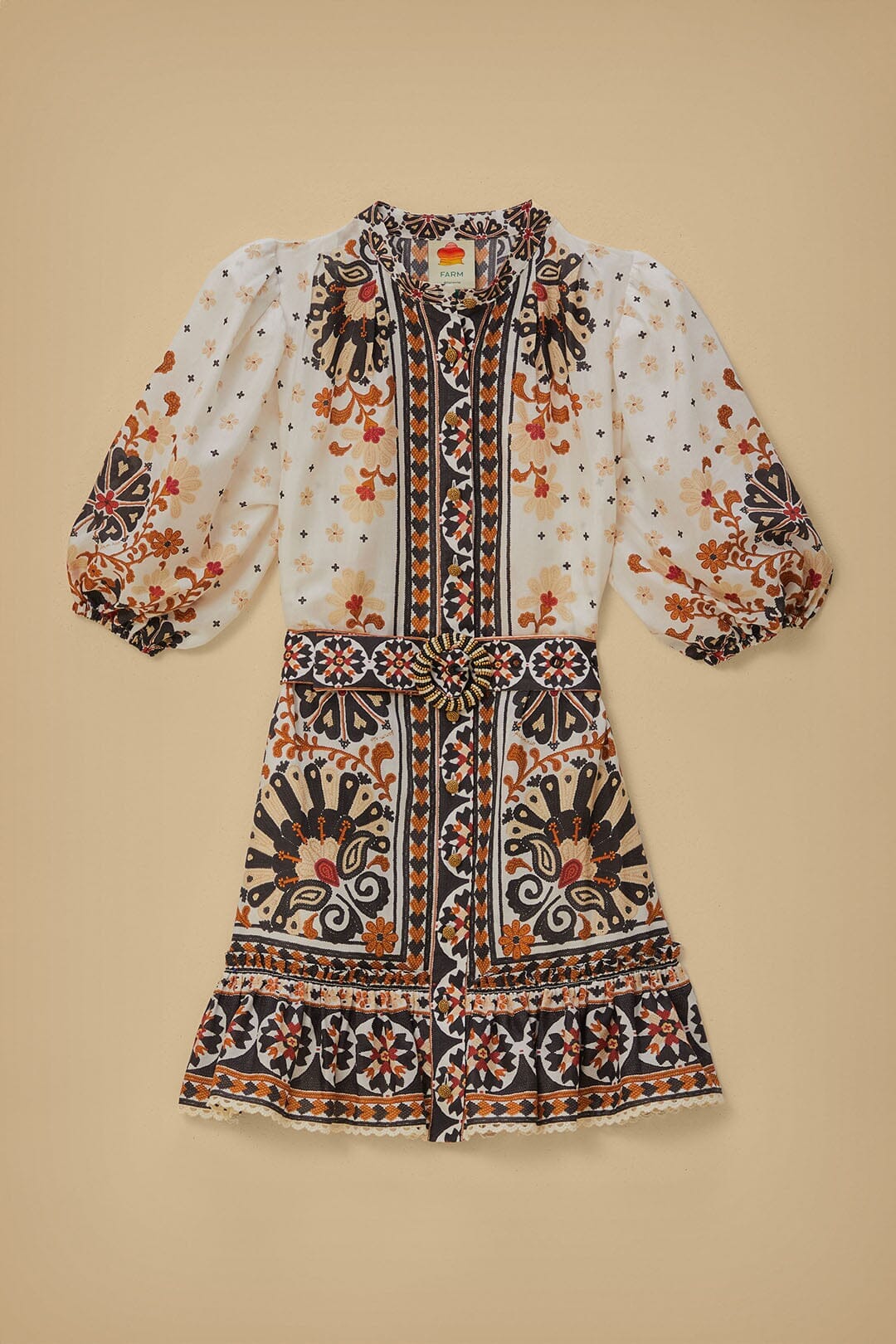 Flower Fan Tapestry Off-White Mini Dress