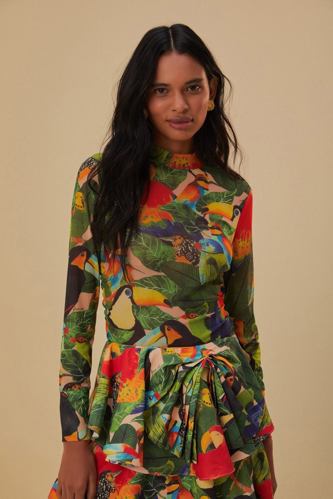 Bird Leaves Sand Tulle Blouse