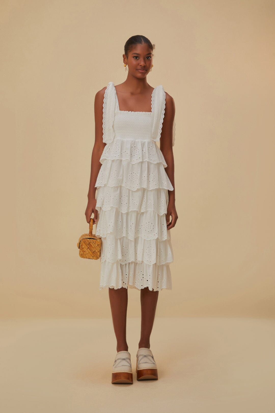 Off-White Embroidered Ruffle Midi Dress FARM Rio Off-White Embroidered Ruffle Midi Dress FARM Rio