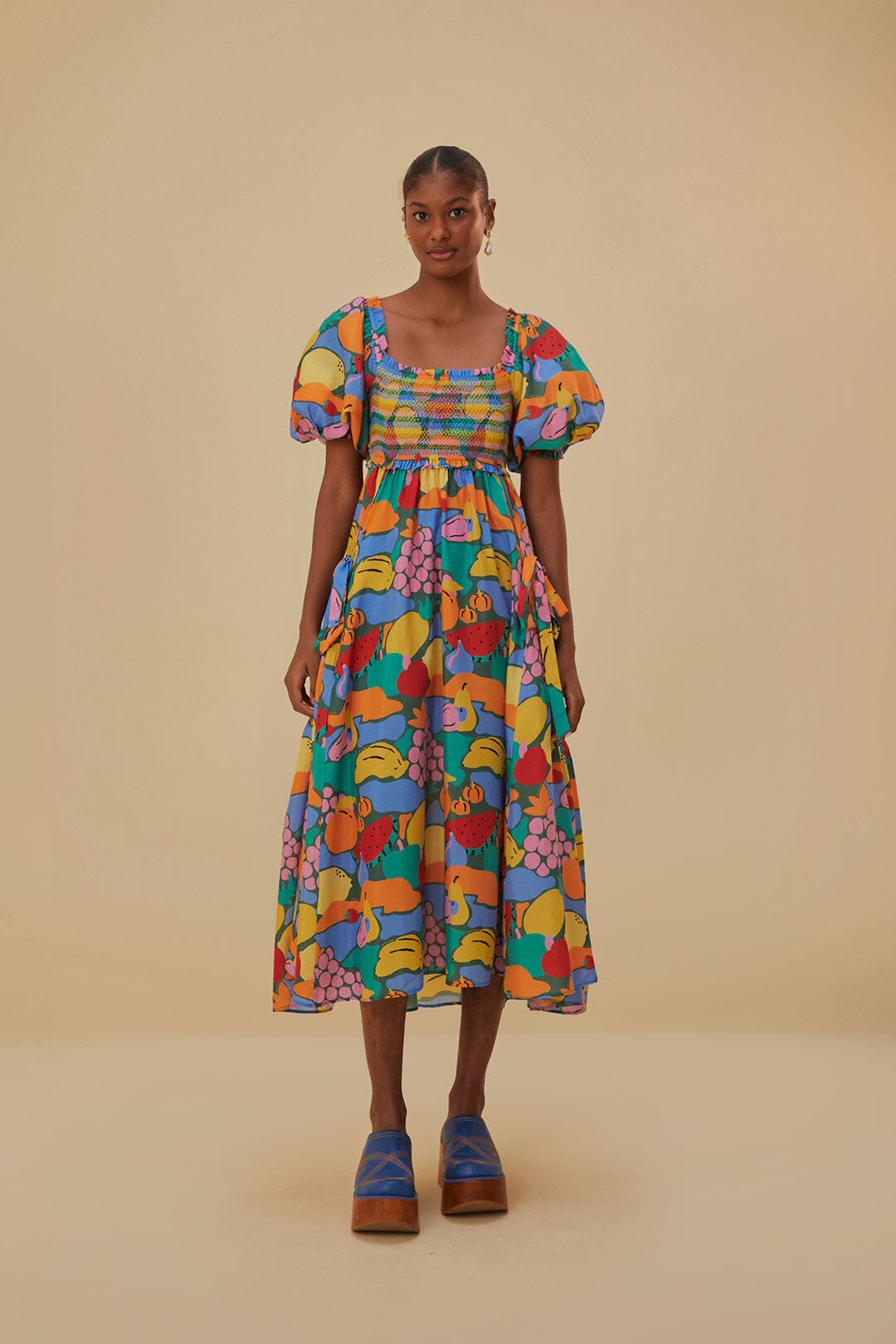 Multicolor Fruit Landscape Short Sleeve Midi Dress