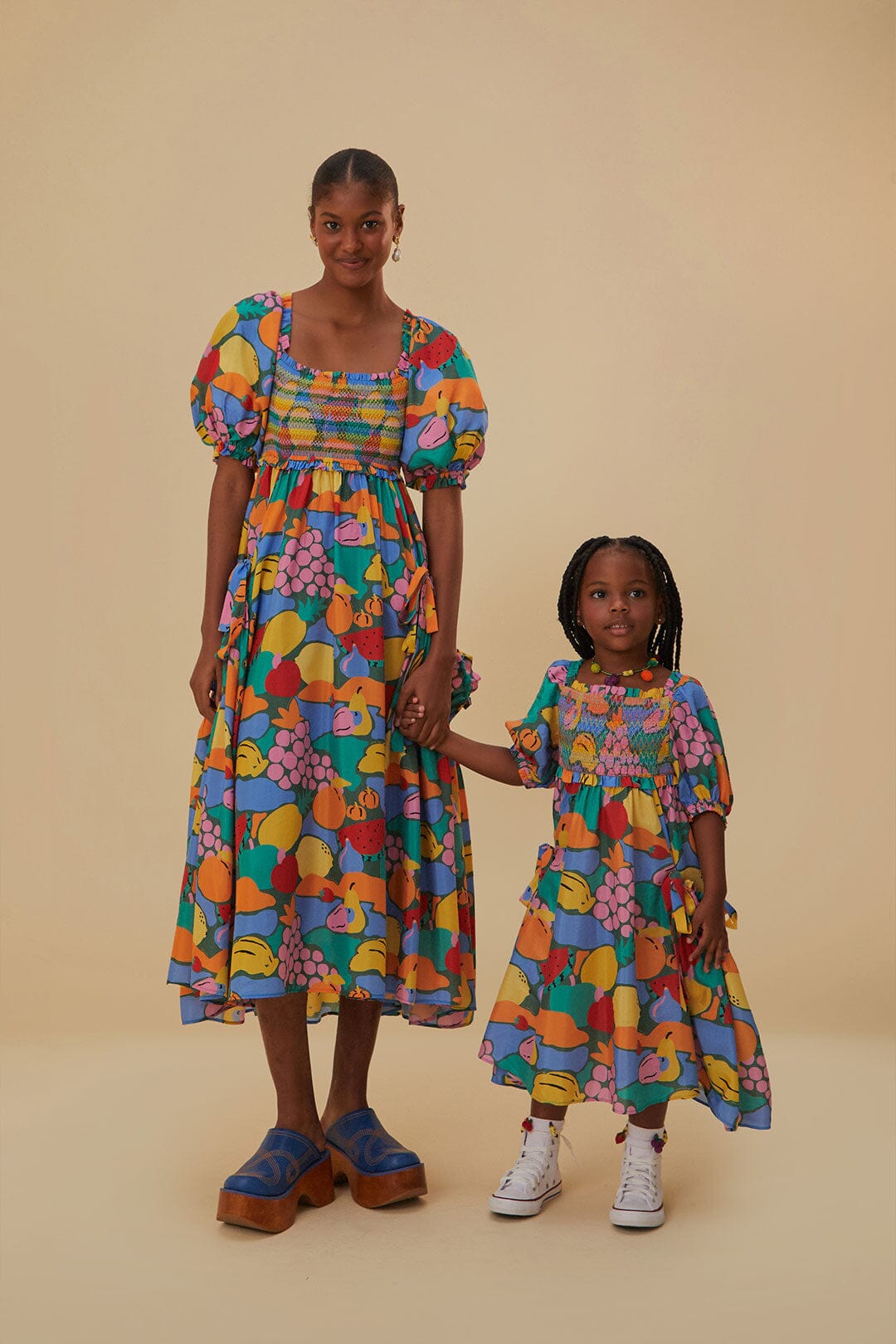 Multicolor Fruit Landscape Short Sleeve Midi Dress