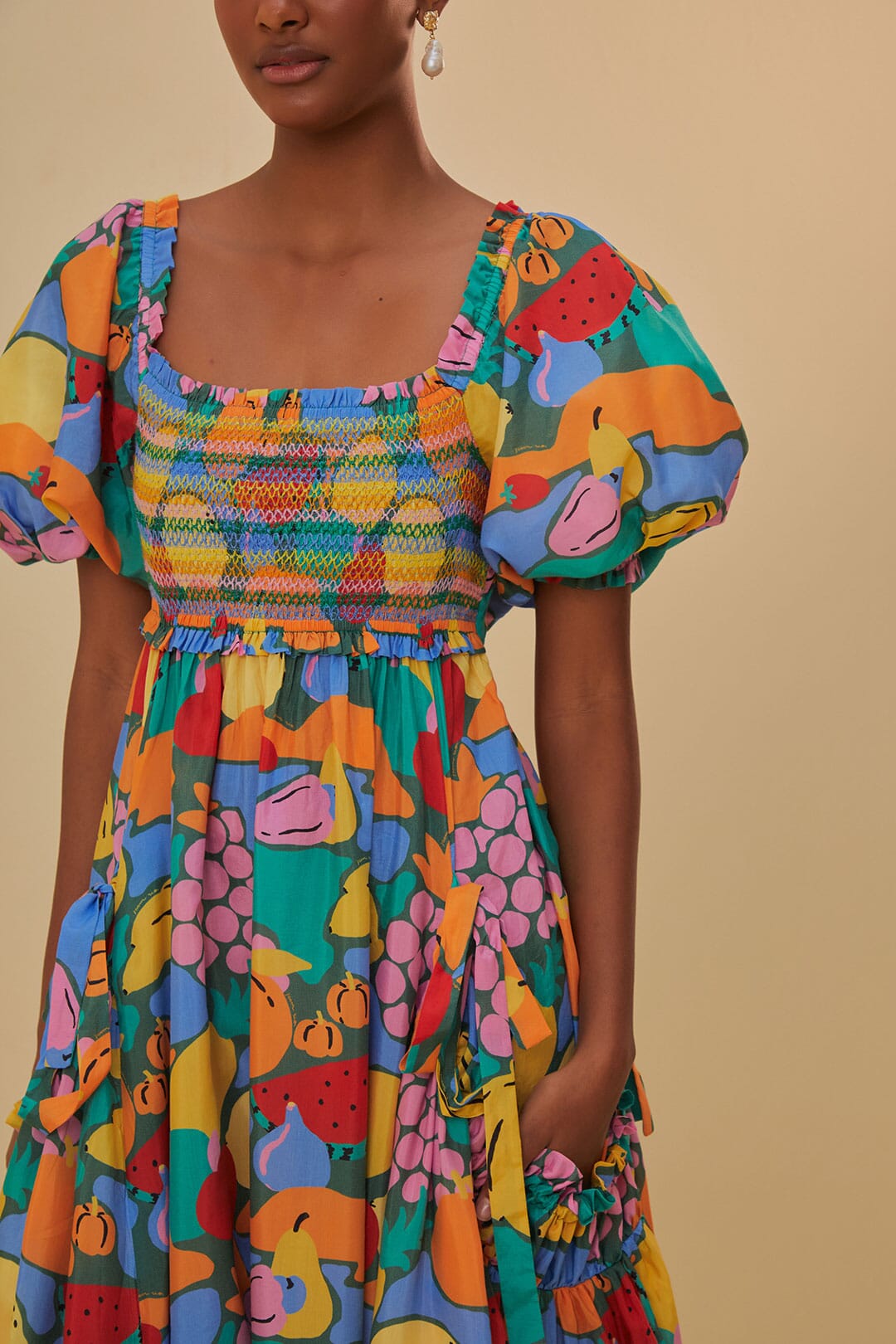 Multicolor Fruit Landscape Short Sleeve Midi Dress