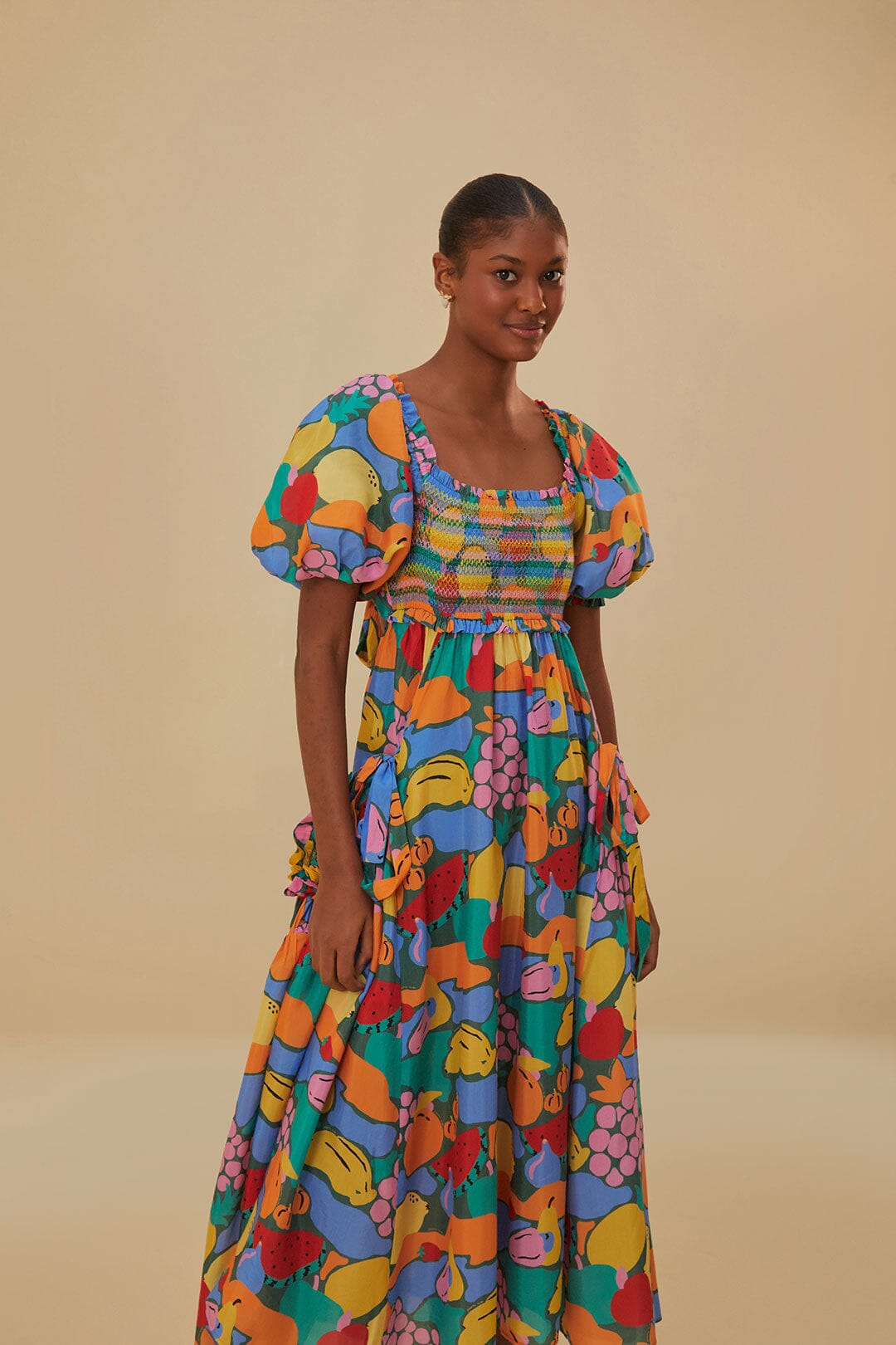 Multicolor Fruit Landscape Short Sleeve Midi Dress