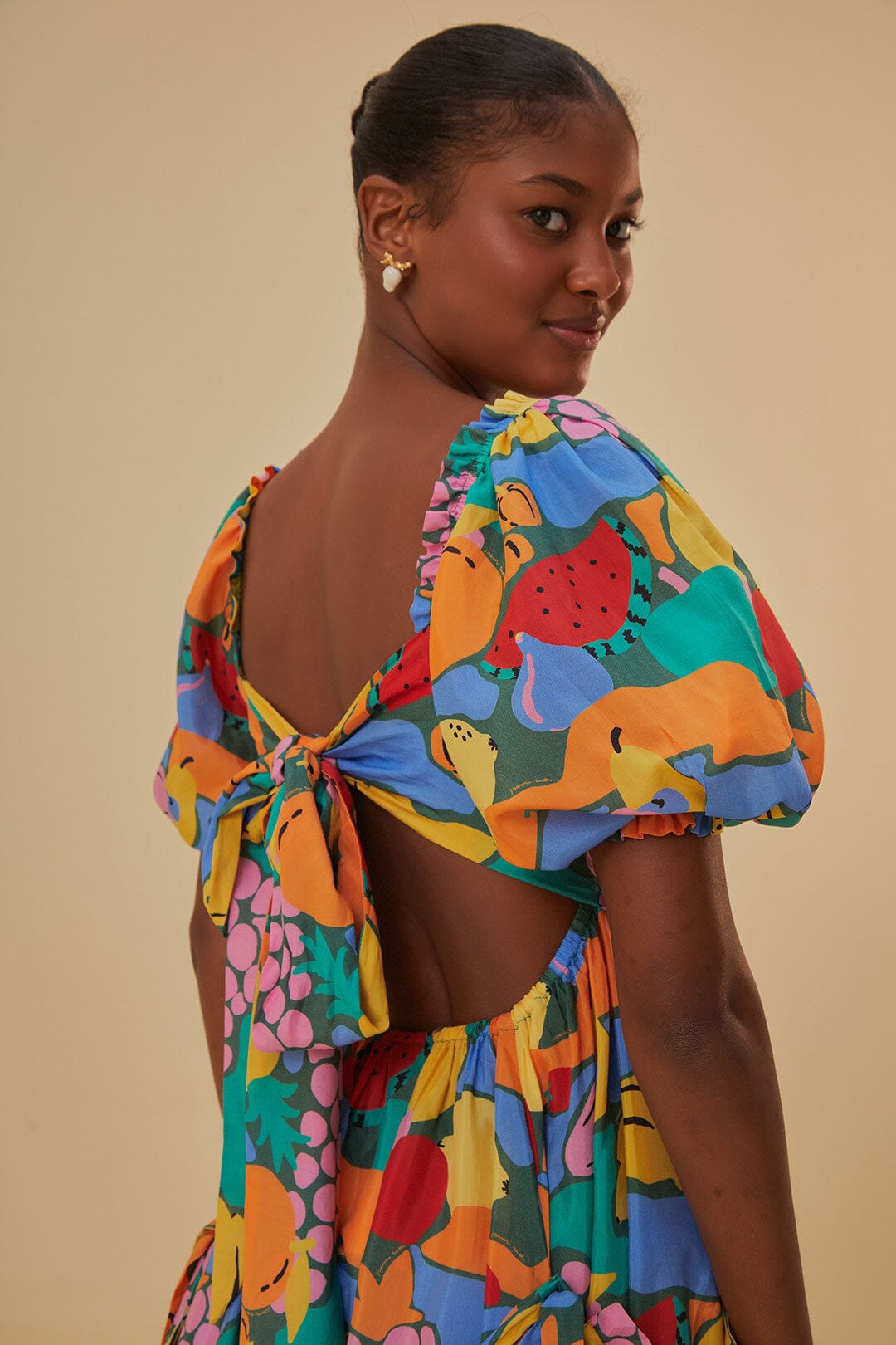 Multicolor Fruit Landscape Short Sleeve Midi Dress