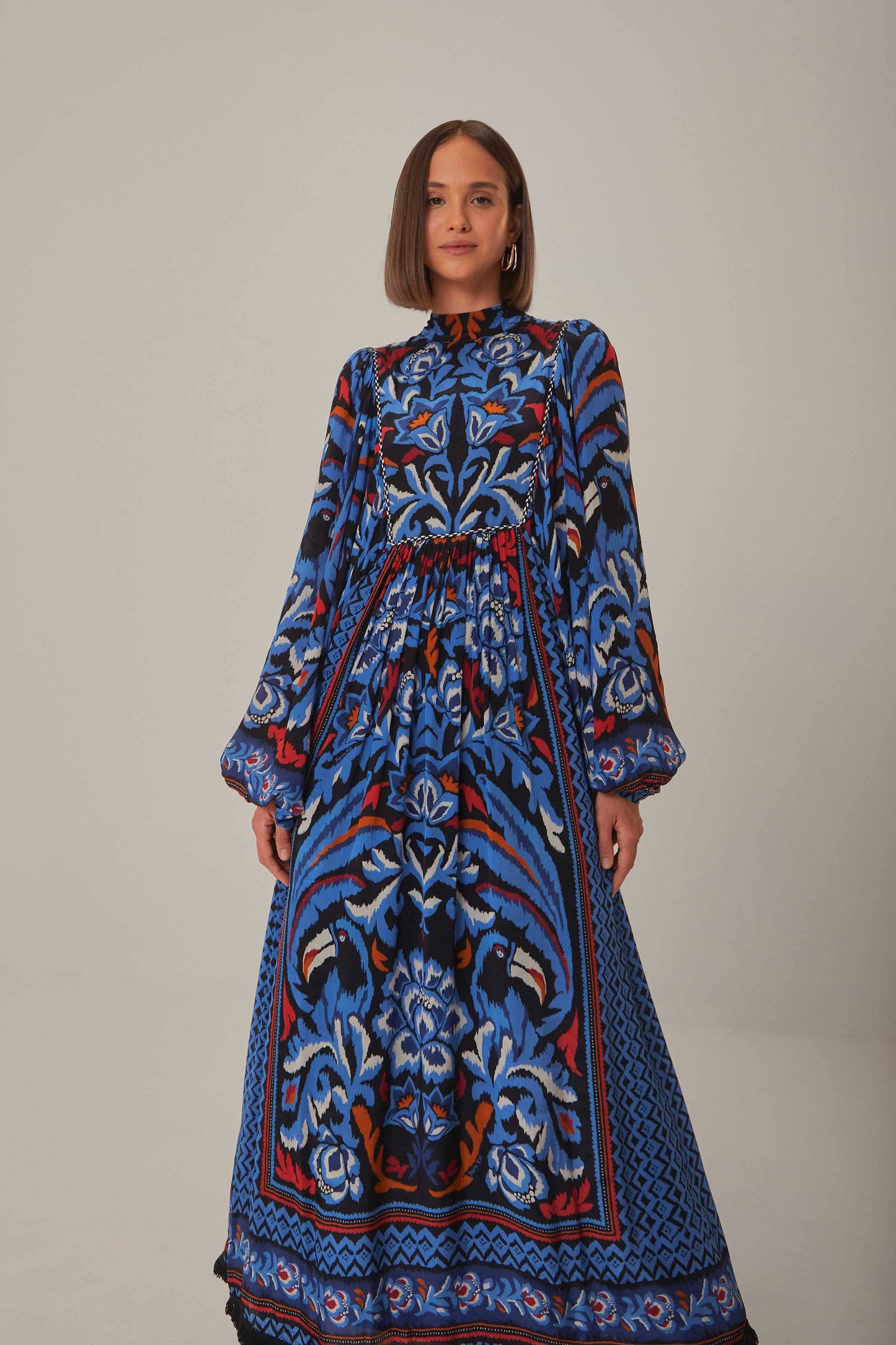 Black Toucans Scarf Long Sleeve Maxi Dress