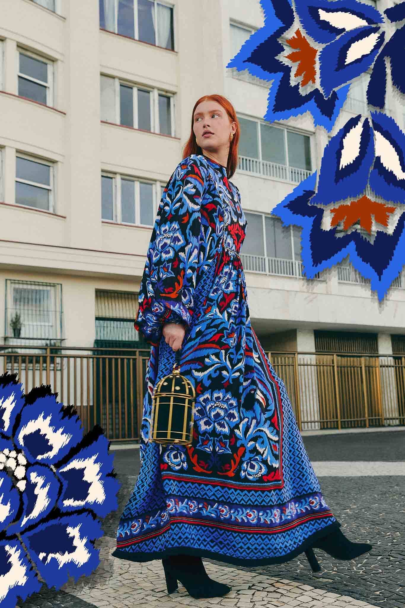 Black Toucans Scarf Long Sleeve Maxi Dress