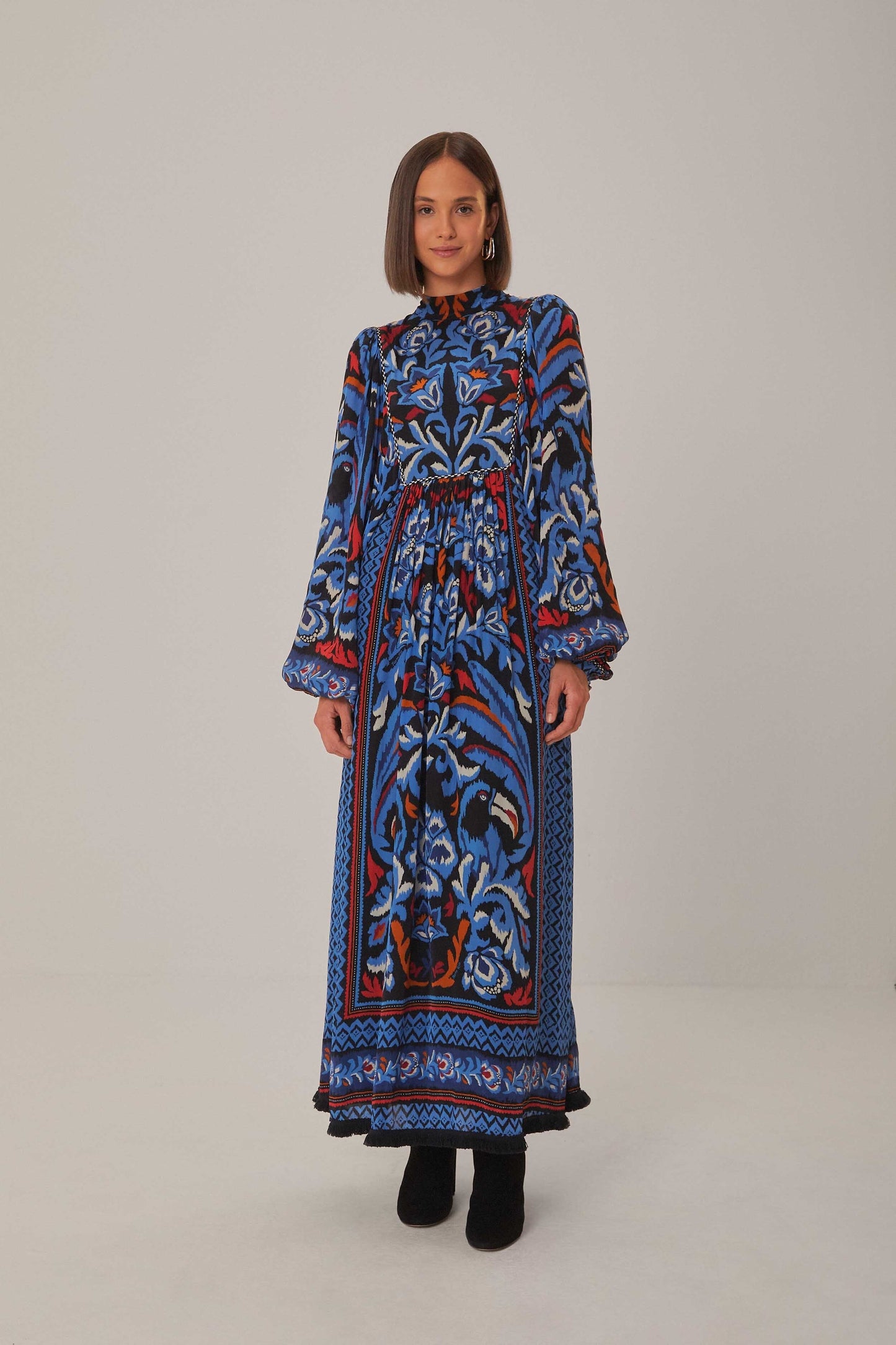 Black Toucans Scarf Long Sleeve Maxi Dress