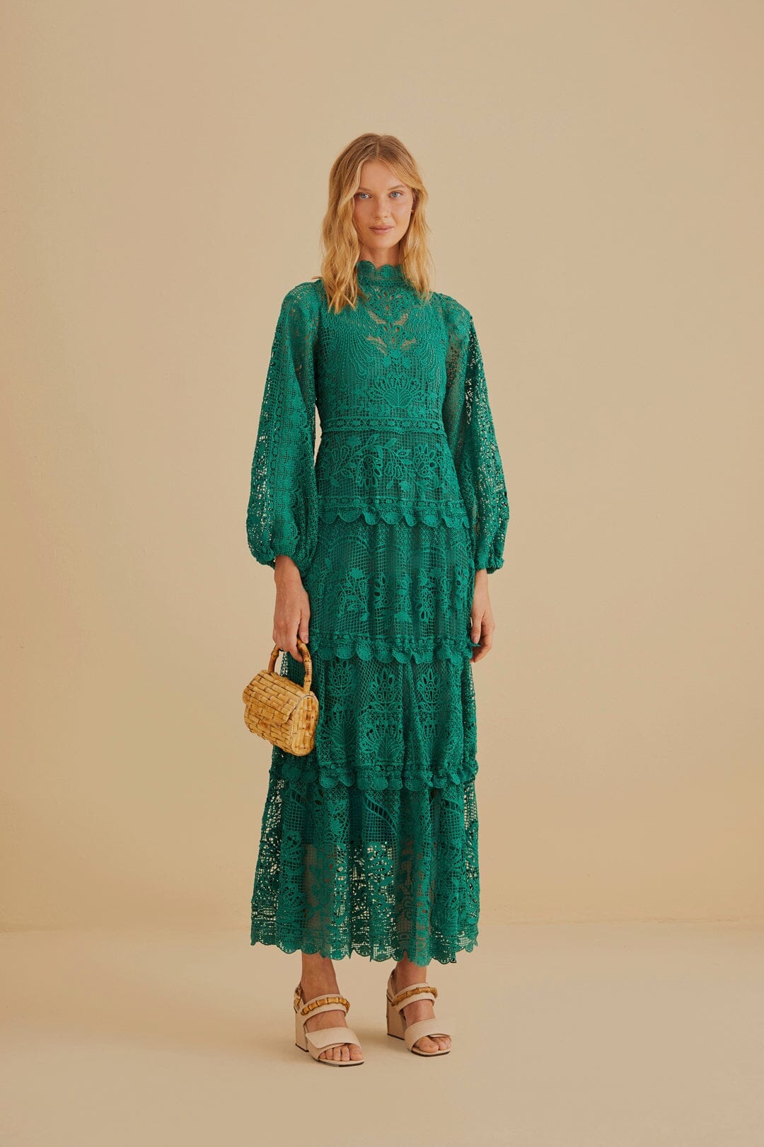Dark Green Guipure Long Sleeve Maxi Dress