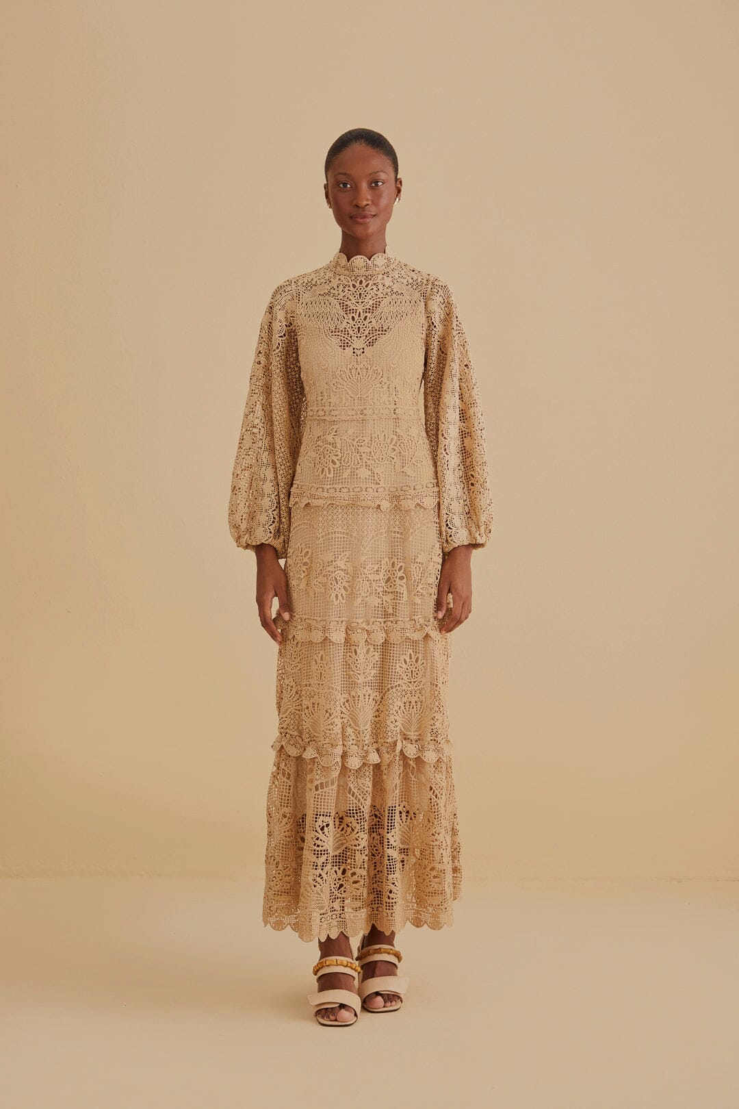 Khaki Guipure Long Sleeve Maxi Dress