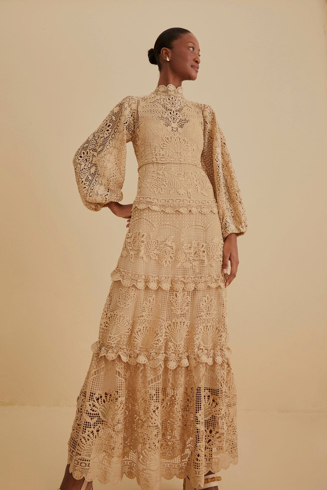Khaki Guipure Long Sleeve Maxi Dress