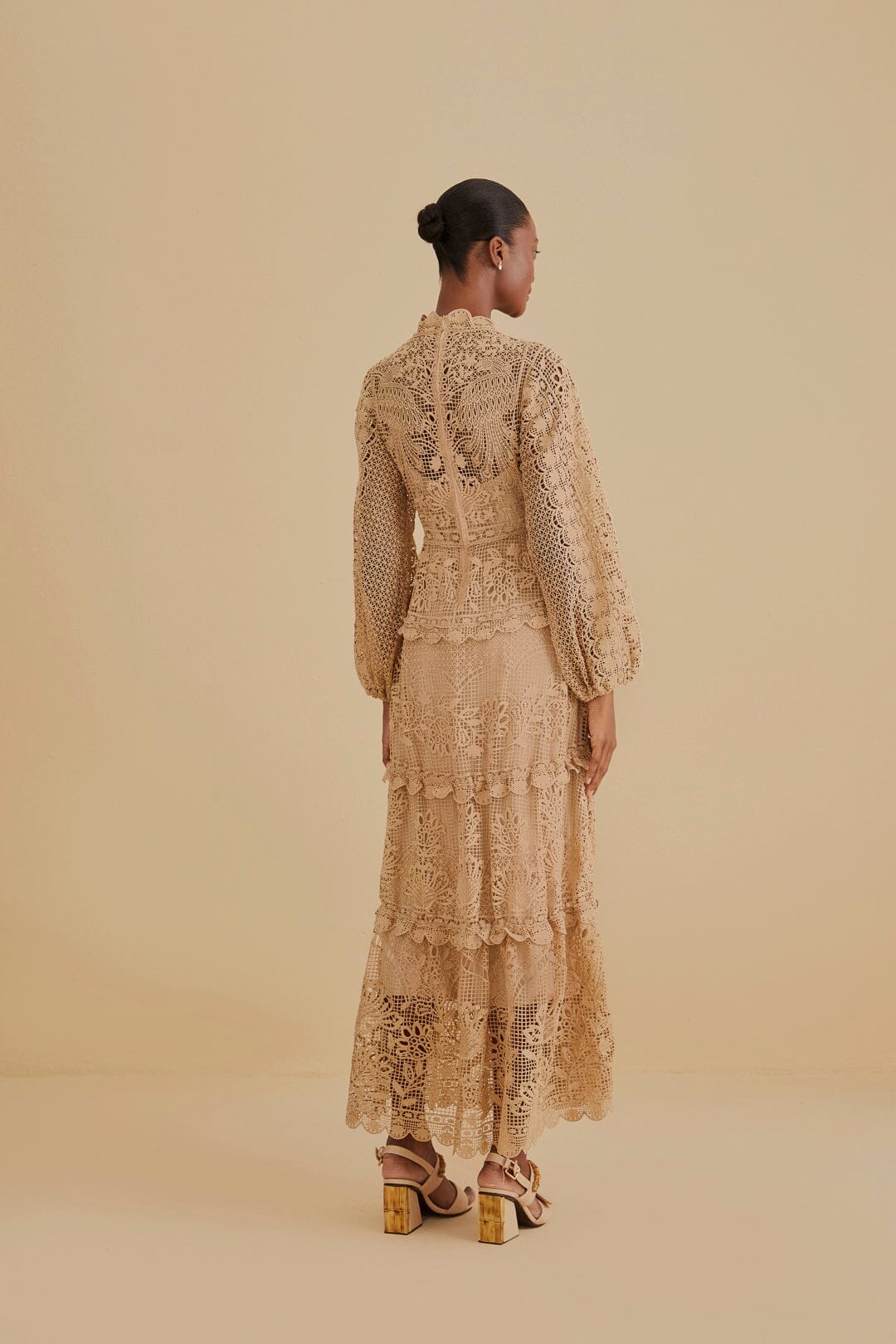 Khaki Guipure Long Sleeve Maxi Dress