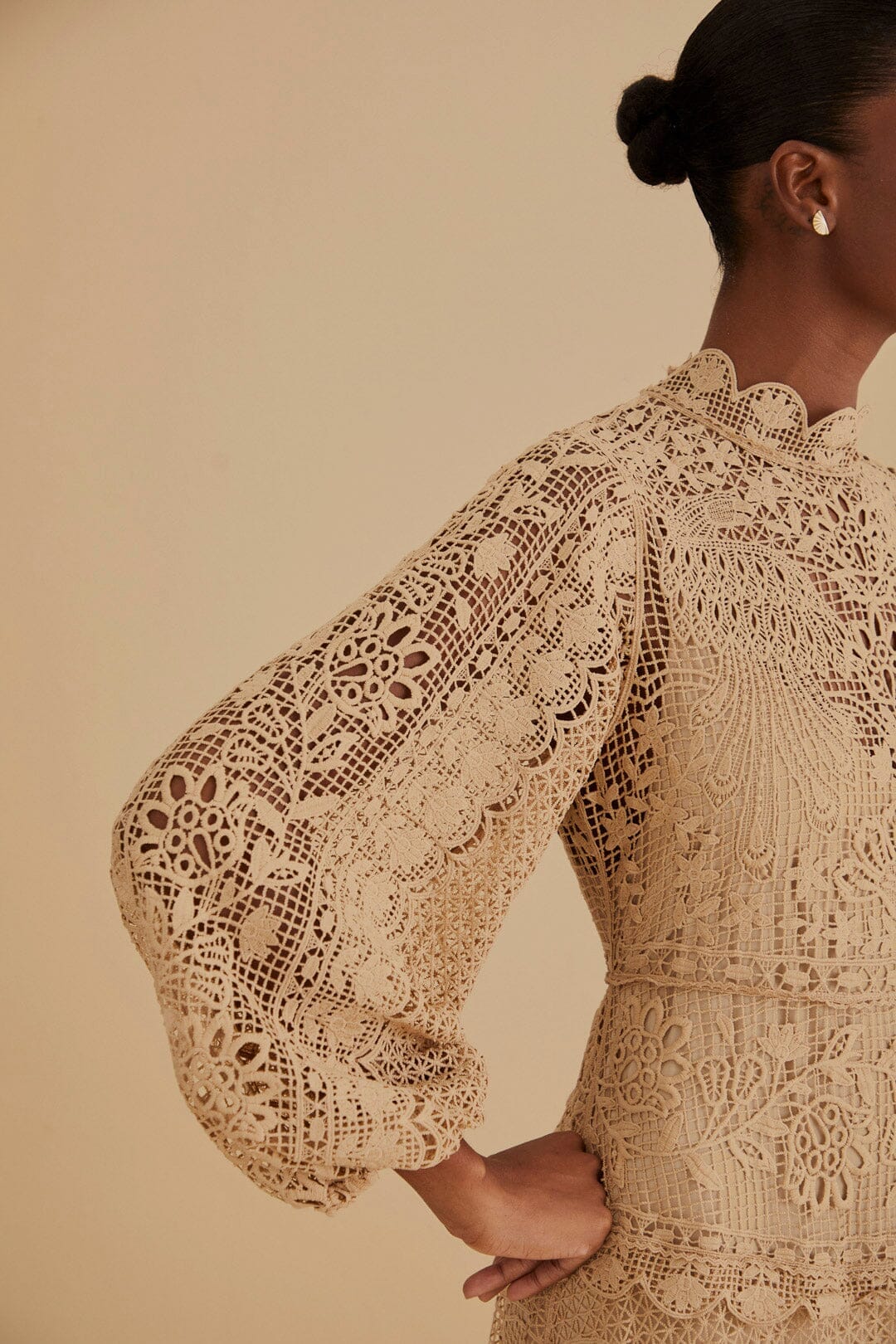 Khaki Guipure Long Sleeve Maxi Dress