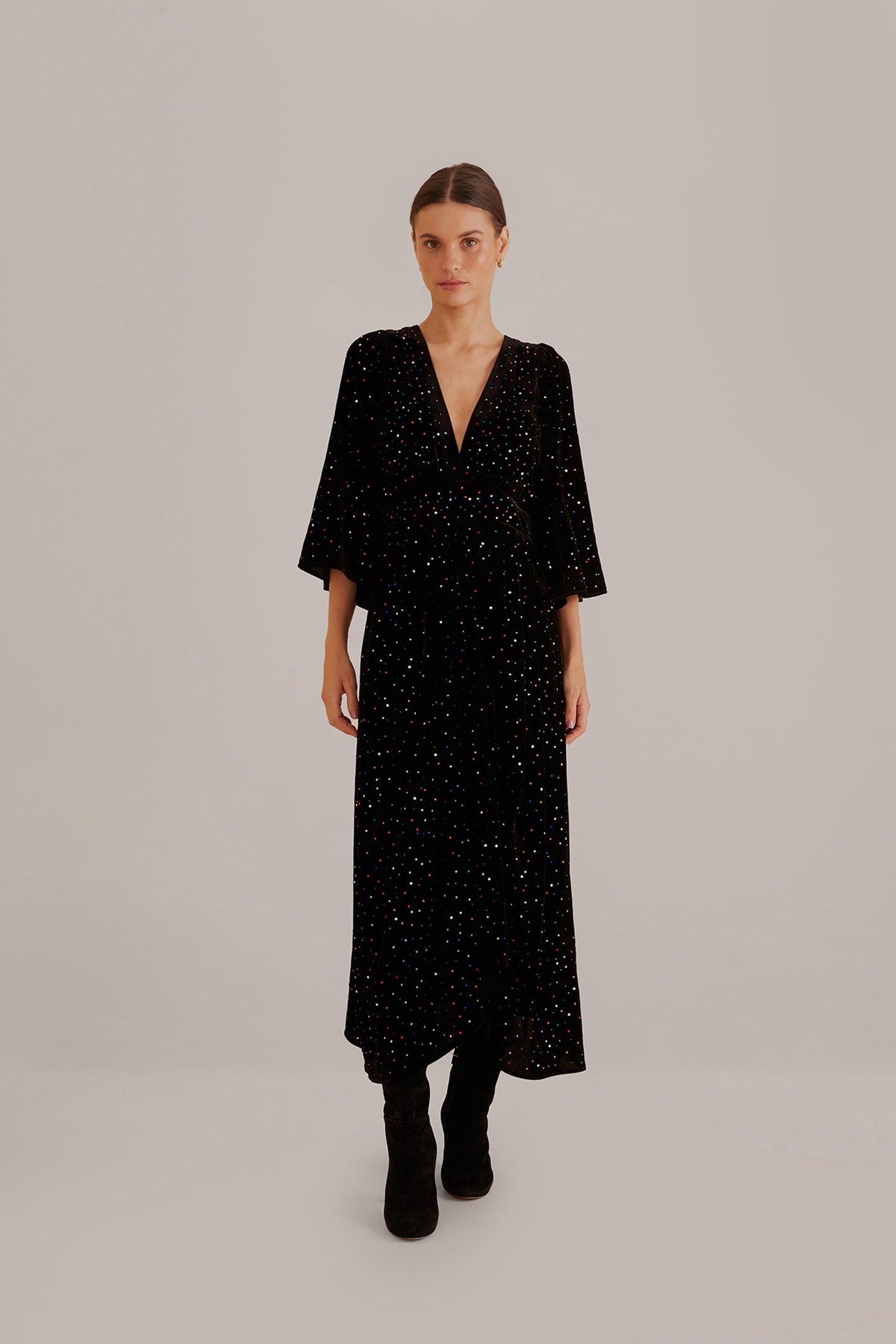 Black Velvet Short Sleeve Midi Dress