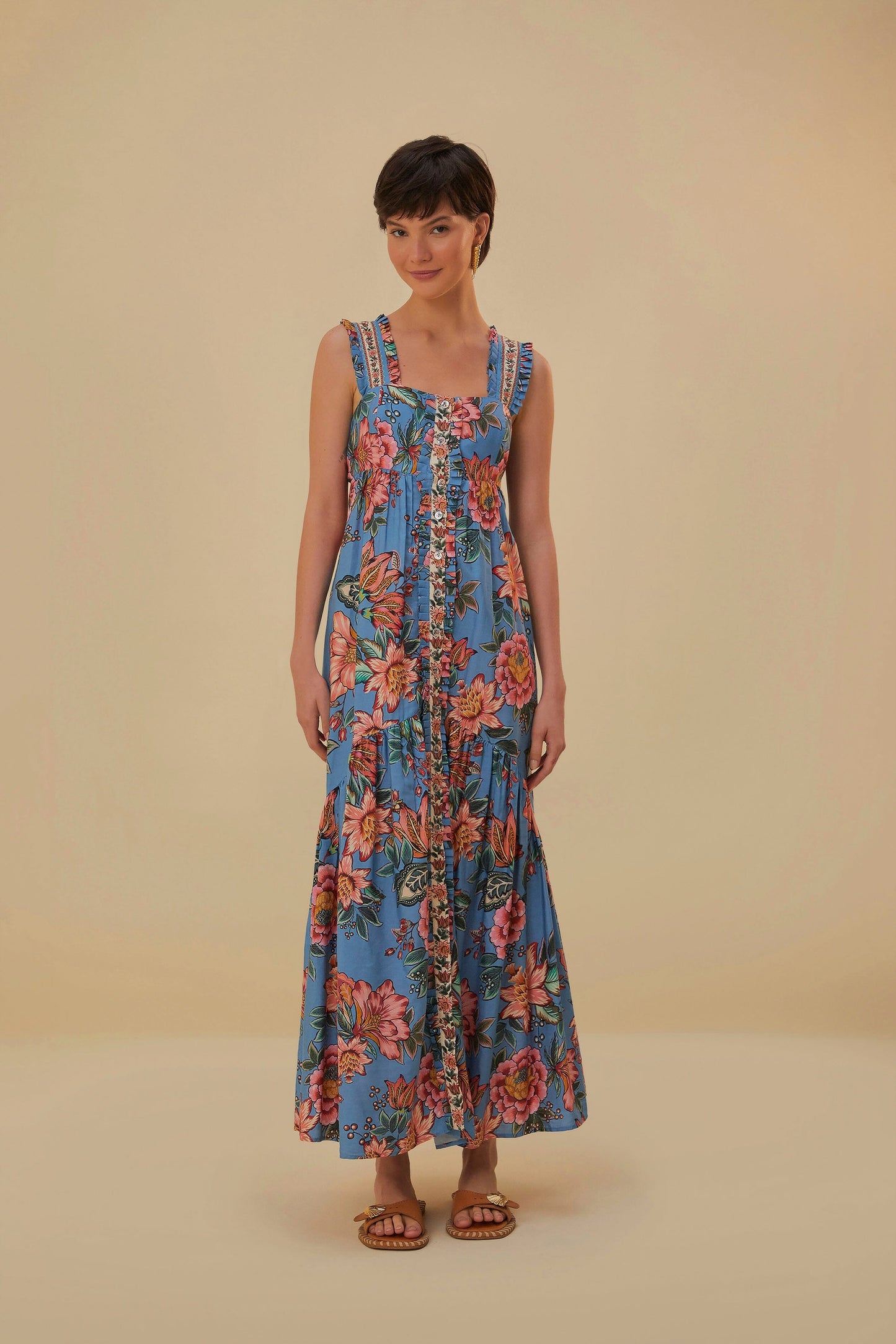Wonderful Bouquet Blue Sleeveless Maxi Dress