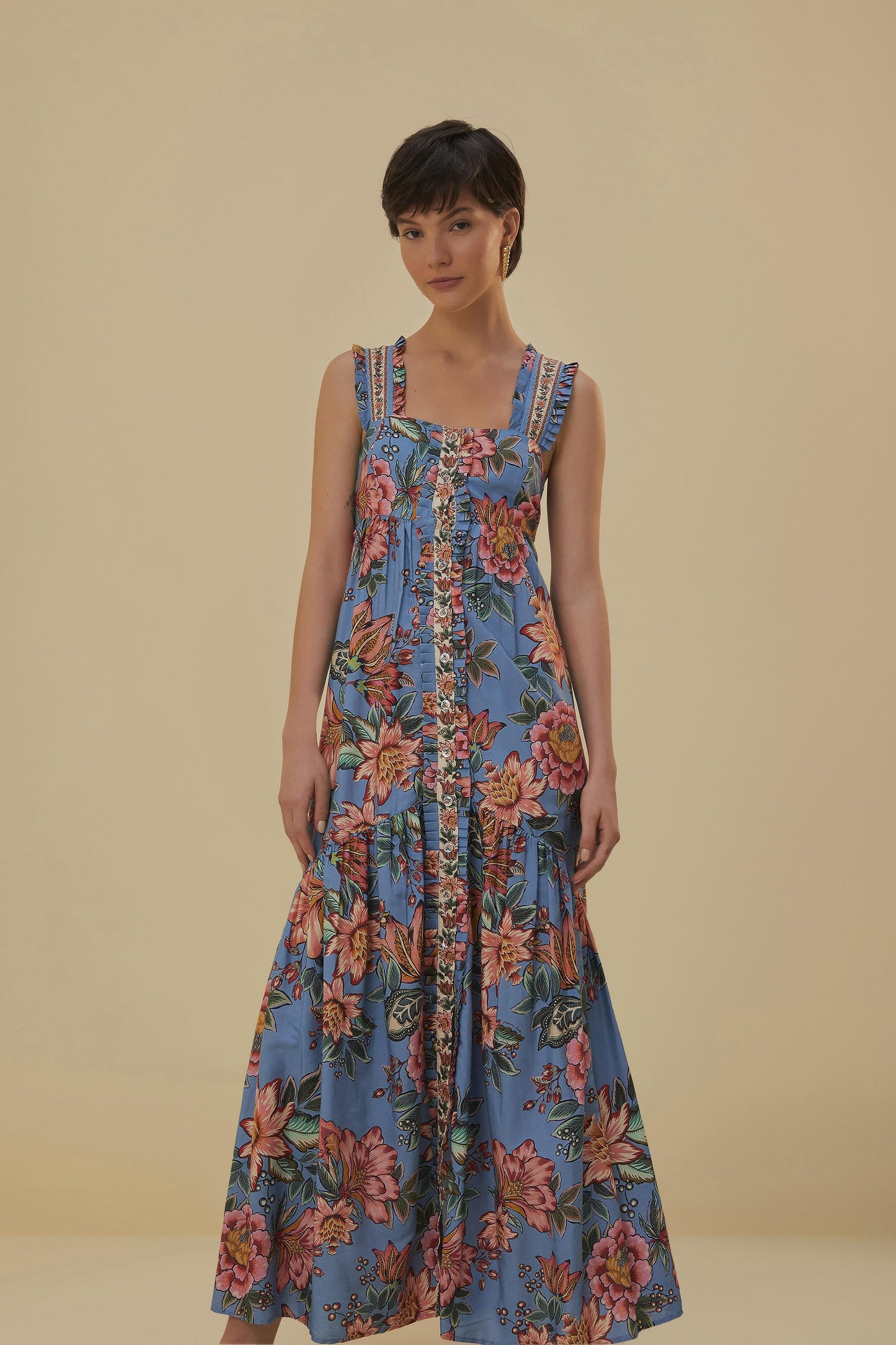 Wonderful Bouquet Blue Sleeveless Maxi Dress