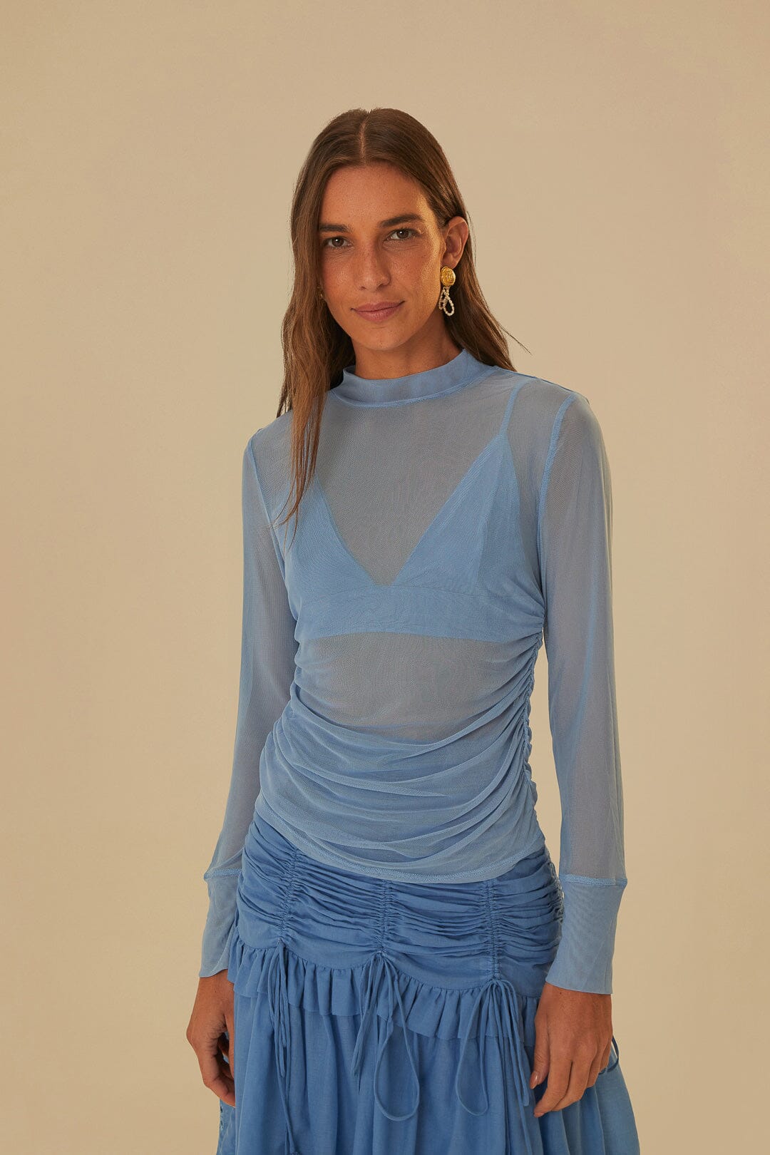 Blue Tulle Long Sleeved Blouse