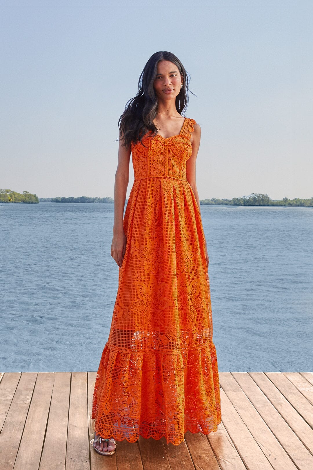 Orange Guipure Sleeveless Maxi Dress