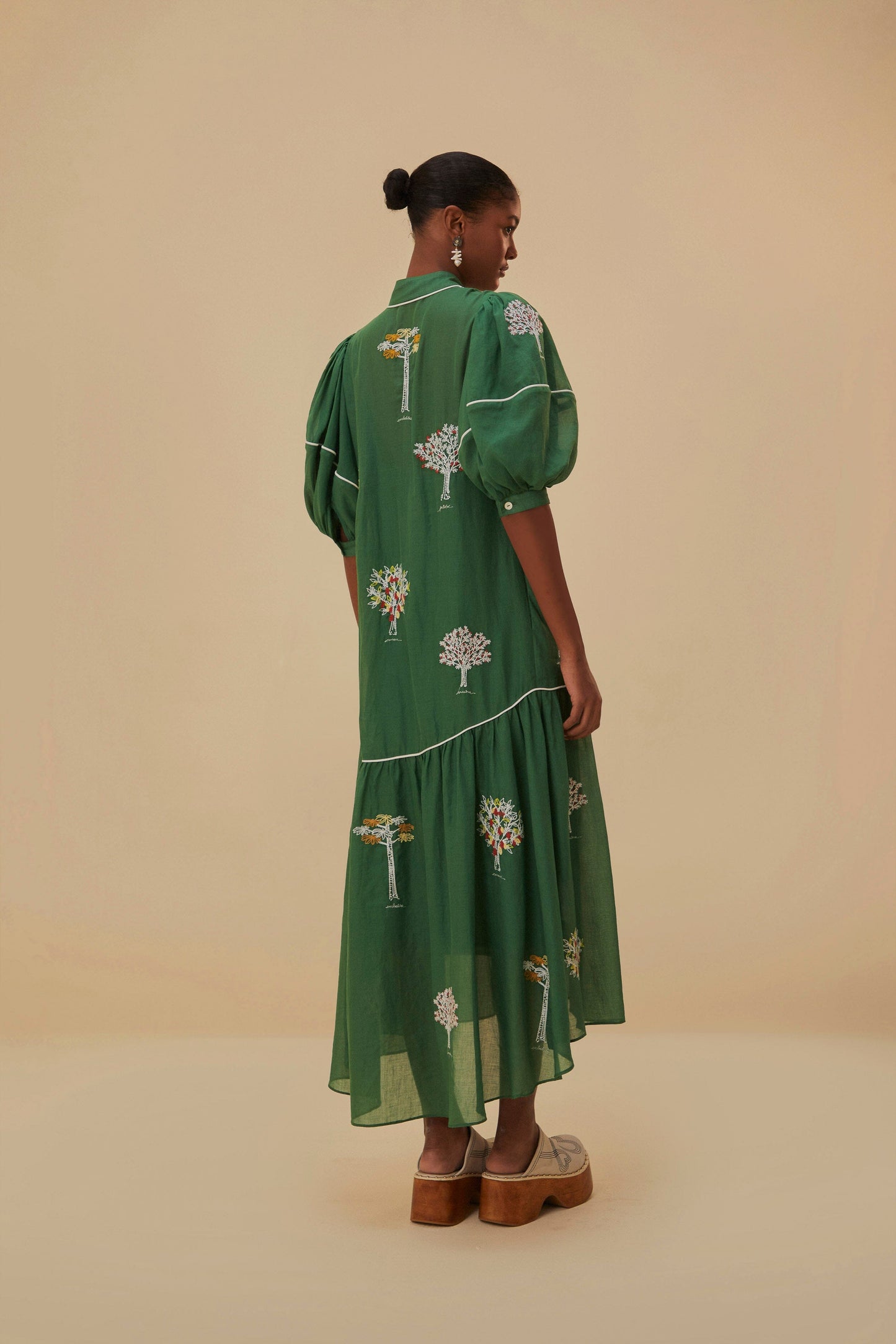 Embroidered Trees Short Sleeve Midi Dress