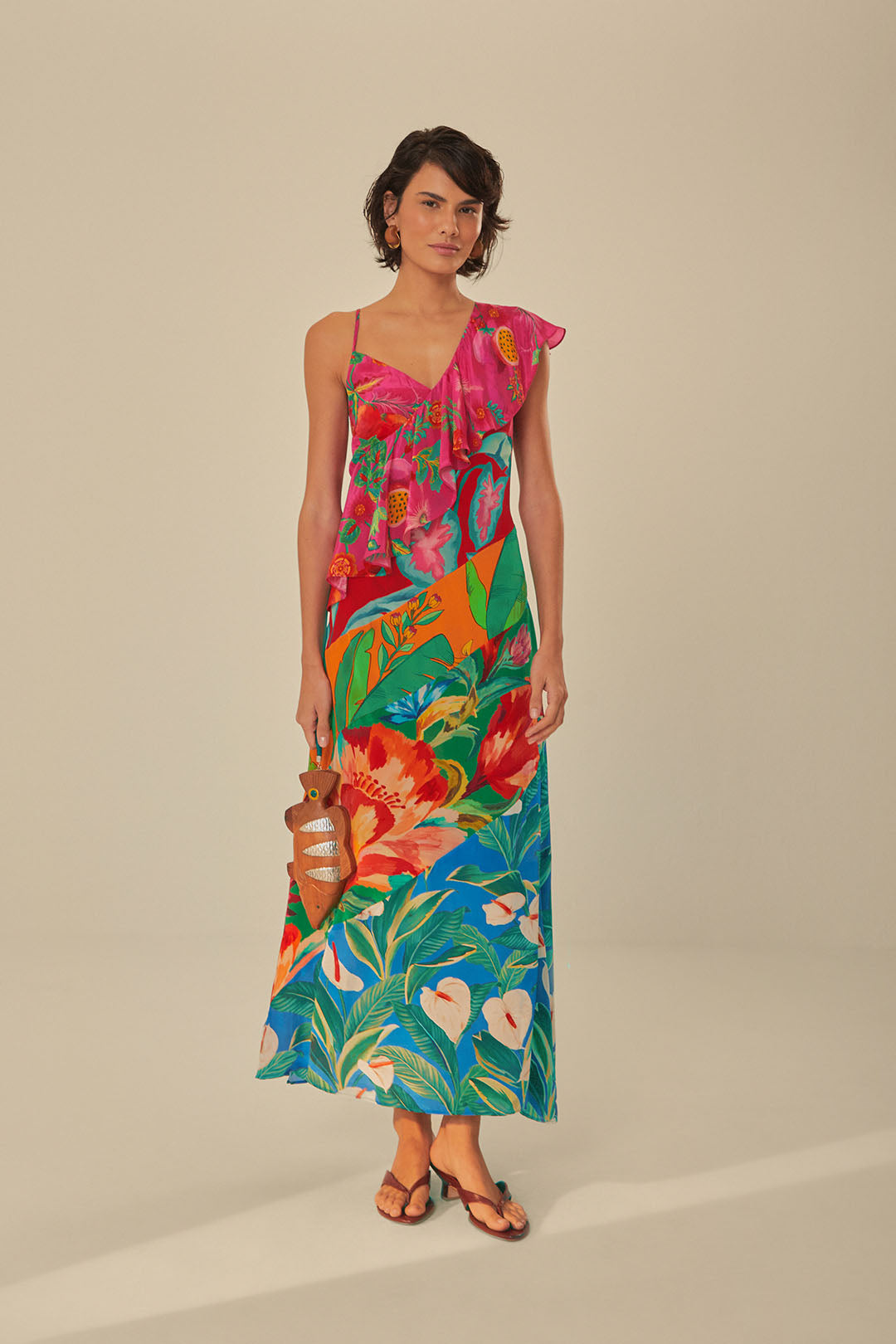 Mixed Flowery Rufle One Strap Midi Dress