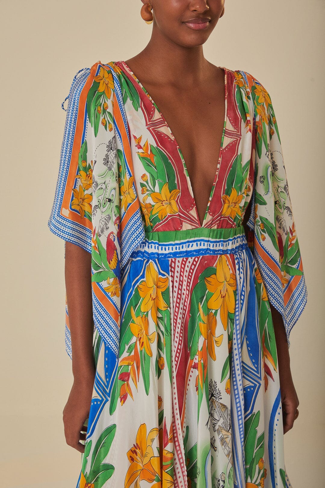 Off-White Tropical Destination Kimono Sleeve Midi Dress