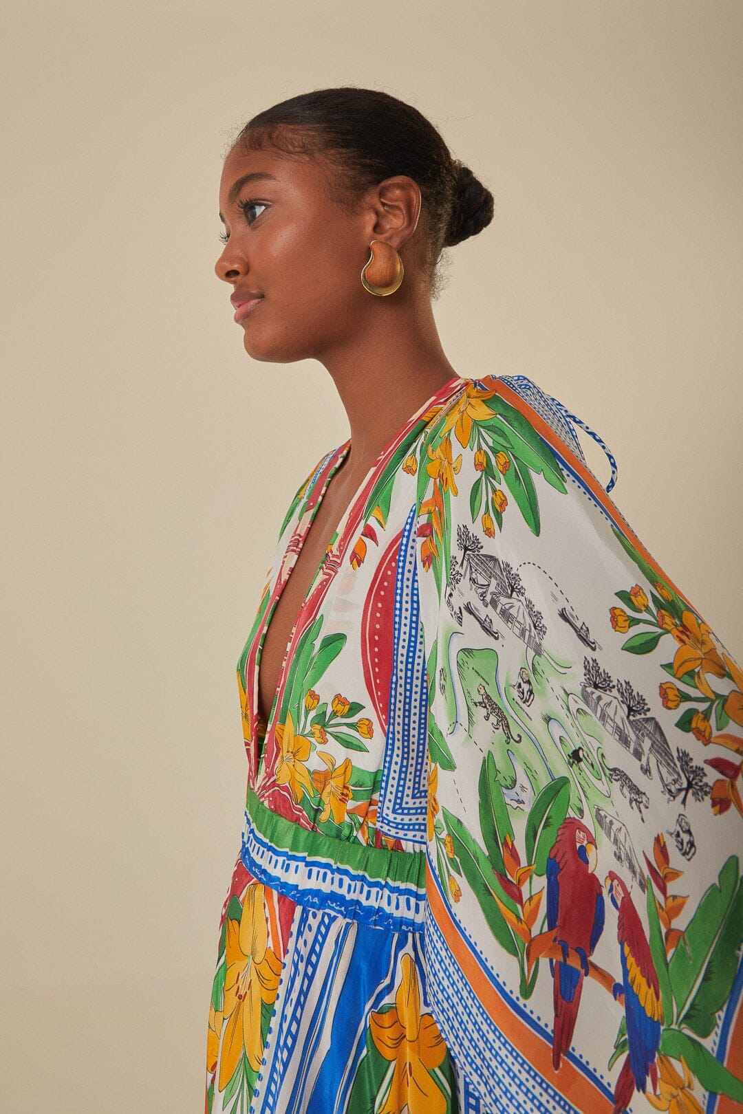 Off-White Tropical Destination Kimono Sleeve Midi Dress