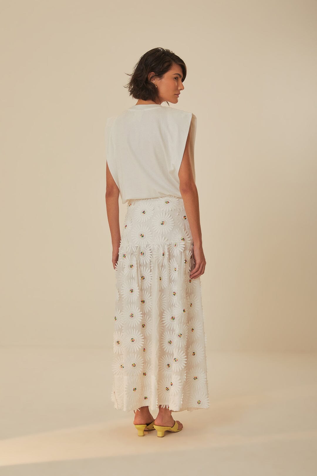 White Daisy 3D Flower Embroidered Maxi Skirt