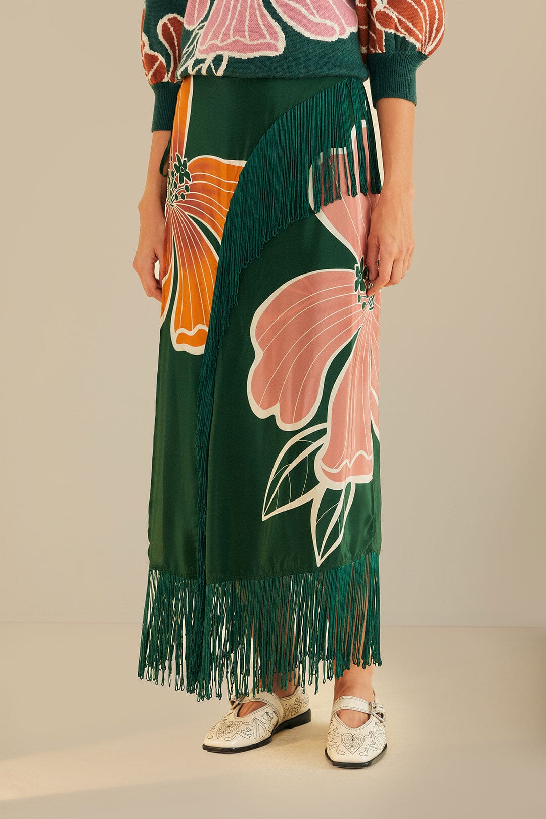 Green Honolulu Flowers Fringe Maxi Skirt – FARM Rio