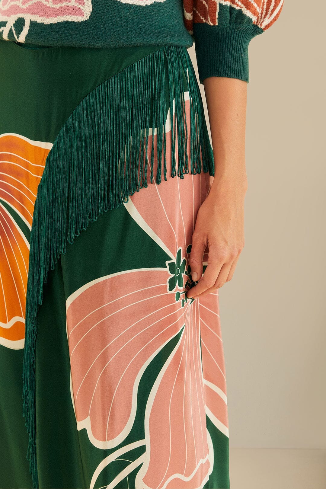 Green maxi skirt with fringe hotsell