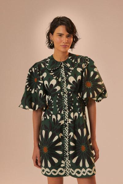 Green Ainika Flowers Short Sleeve Mini Dress  FARM Rio