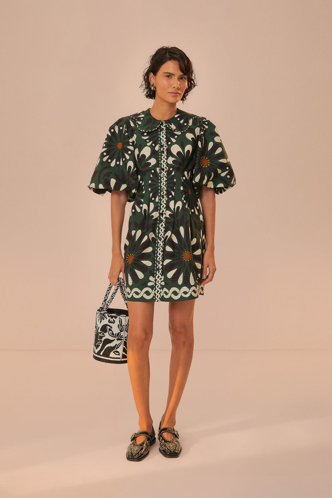 Green Ainika Flowers Short Sleeve Mini Dress FARM Rio Green Ainika Flowers Short Sleeve Mini Dress FARM Rio