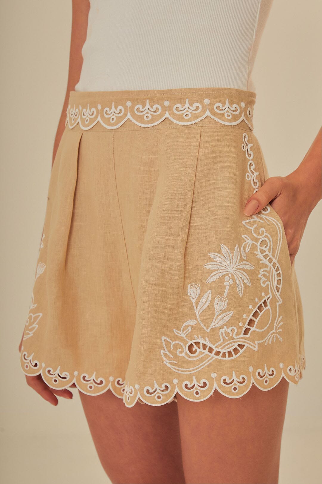Khaki Embroidered Shorts