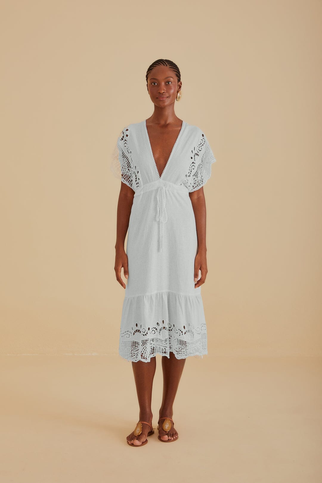 Off-White Embroidered Guipure Euroflax™ Premium Linen Midi Dress