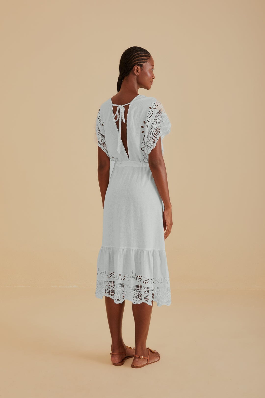 Off-White Embroidered Guipure Euroflax™ Premium Linen Midi Dress