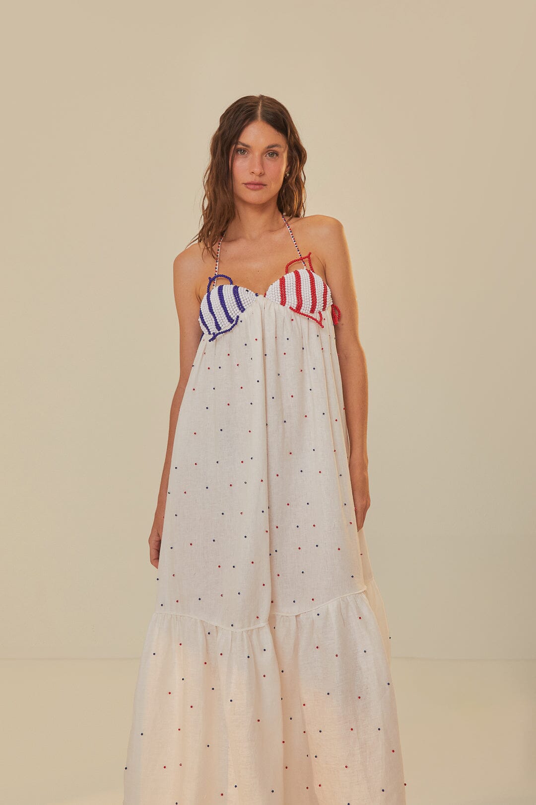 White Beaded Fishes Sleeveless Maxi Dress